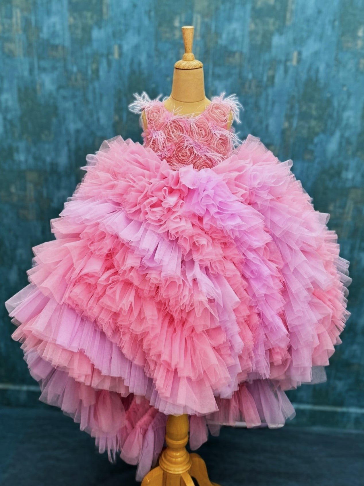 Blush Rose Pink ruffle floral ball gown with attached trail