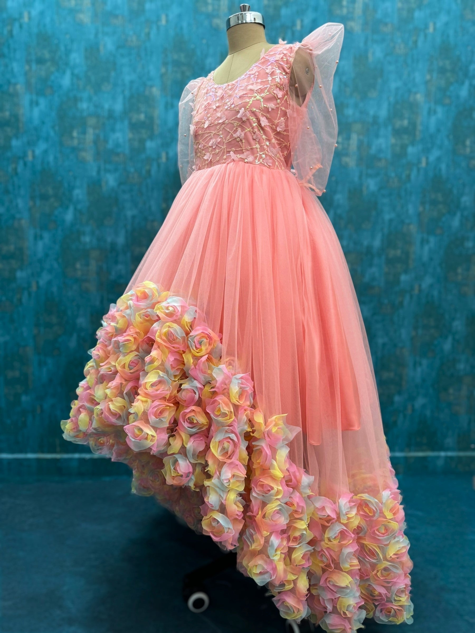 Peach Blossom Waterfall High-Low Floral Couture Dress