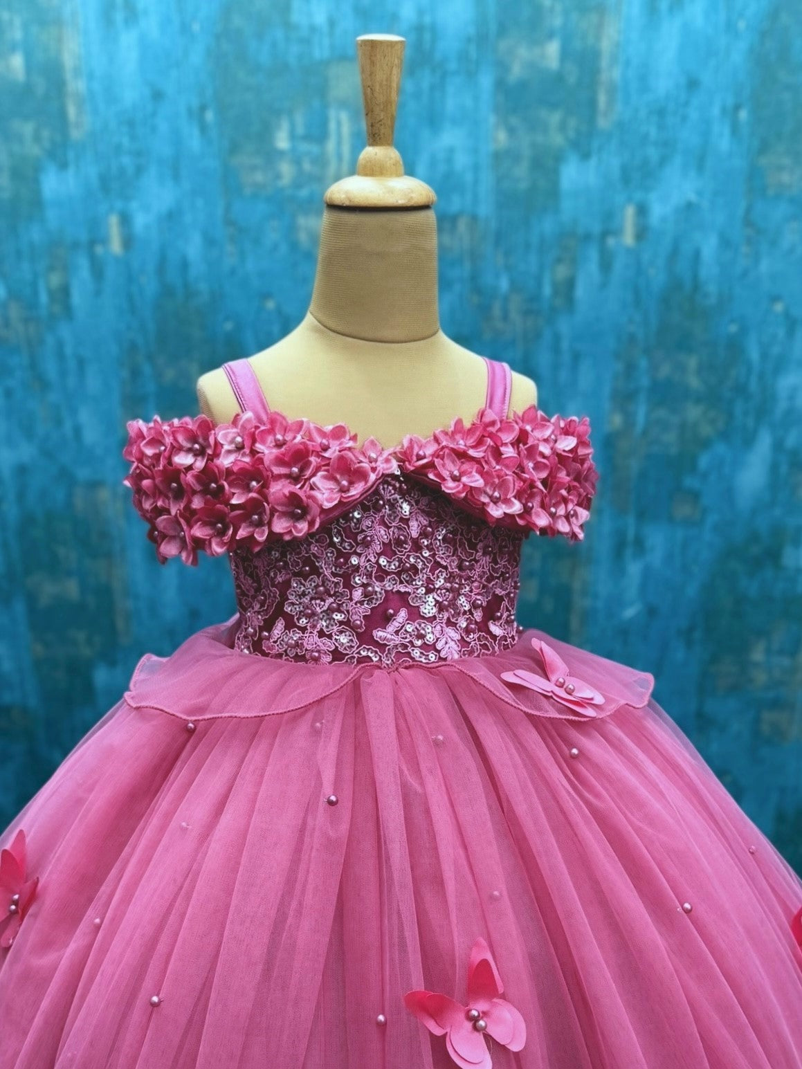 Dusty Rose Pink Lace And Pearl Ball Gown