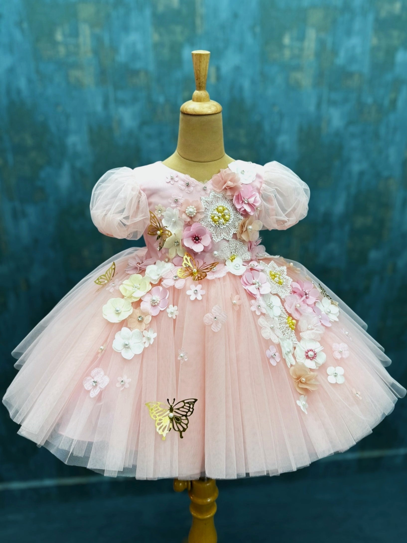 Rose Mist Pink floral and butterfly ball gown with intricate work