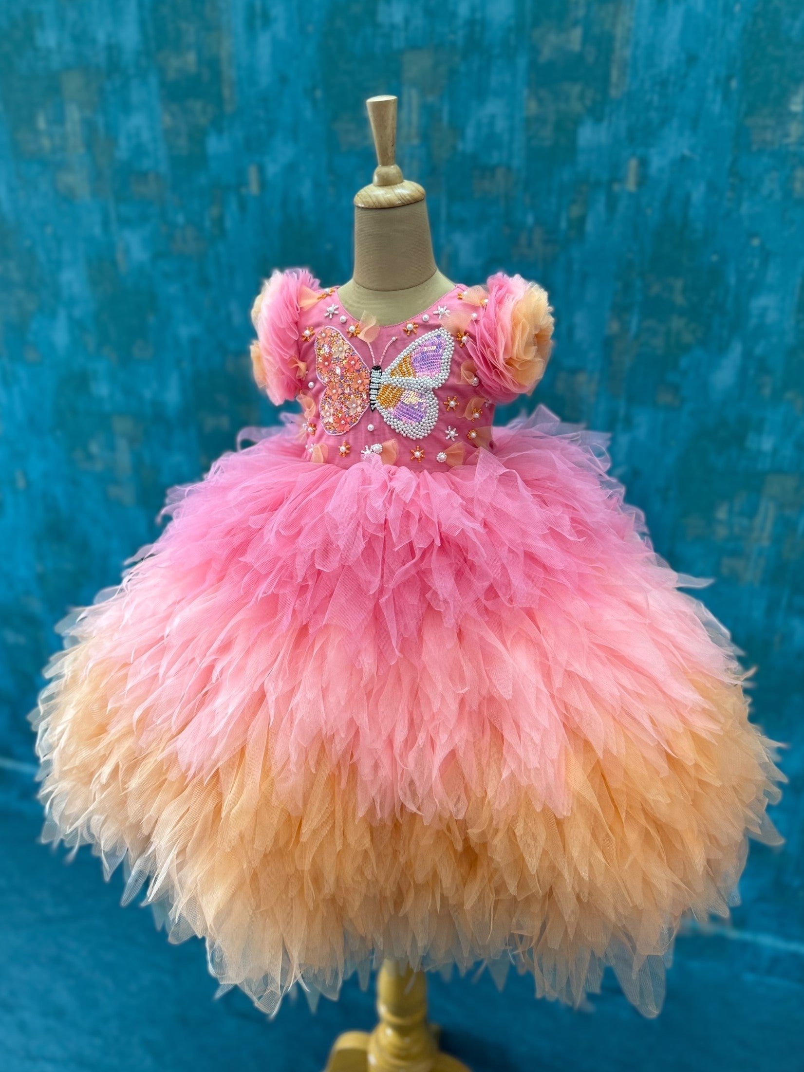 Lumière Butterfly Blush-Peach Layered Couture Gown