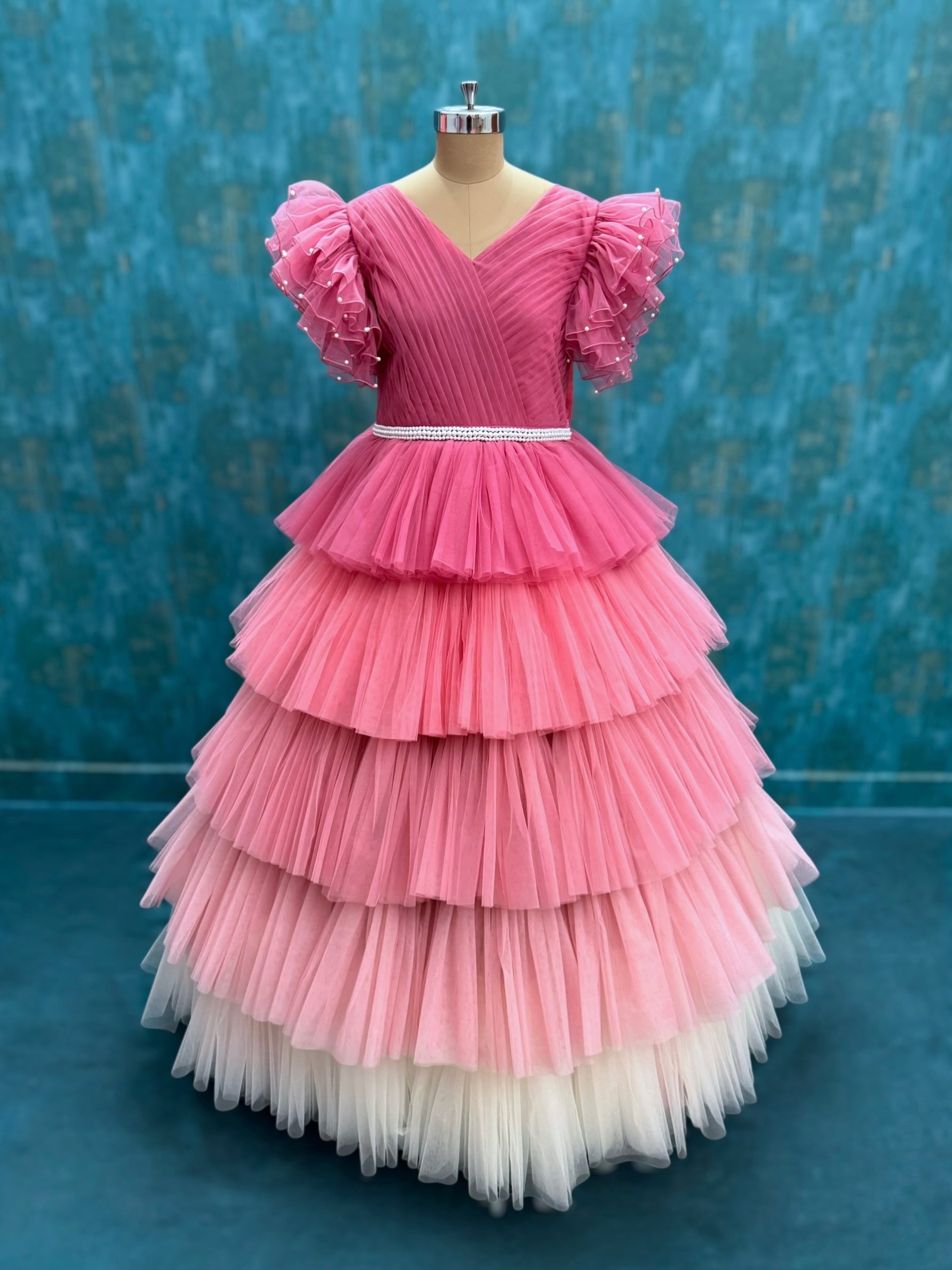 Blushing Peony Cascade Ruffle-Layer Fairy Couture Dress