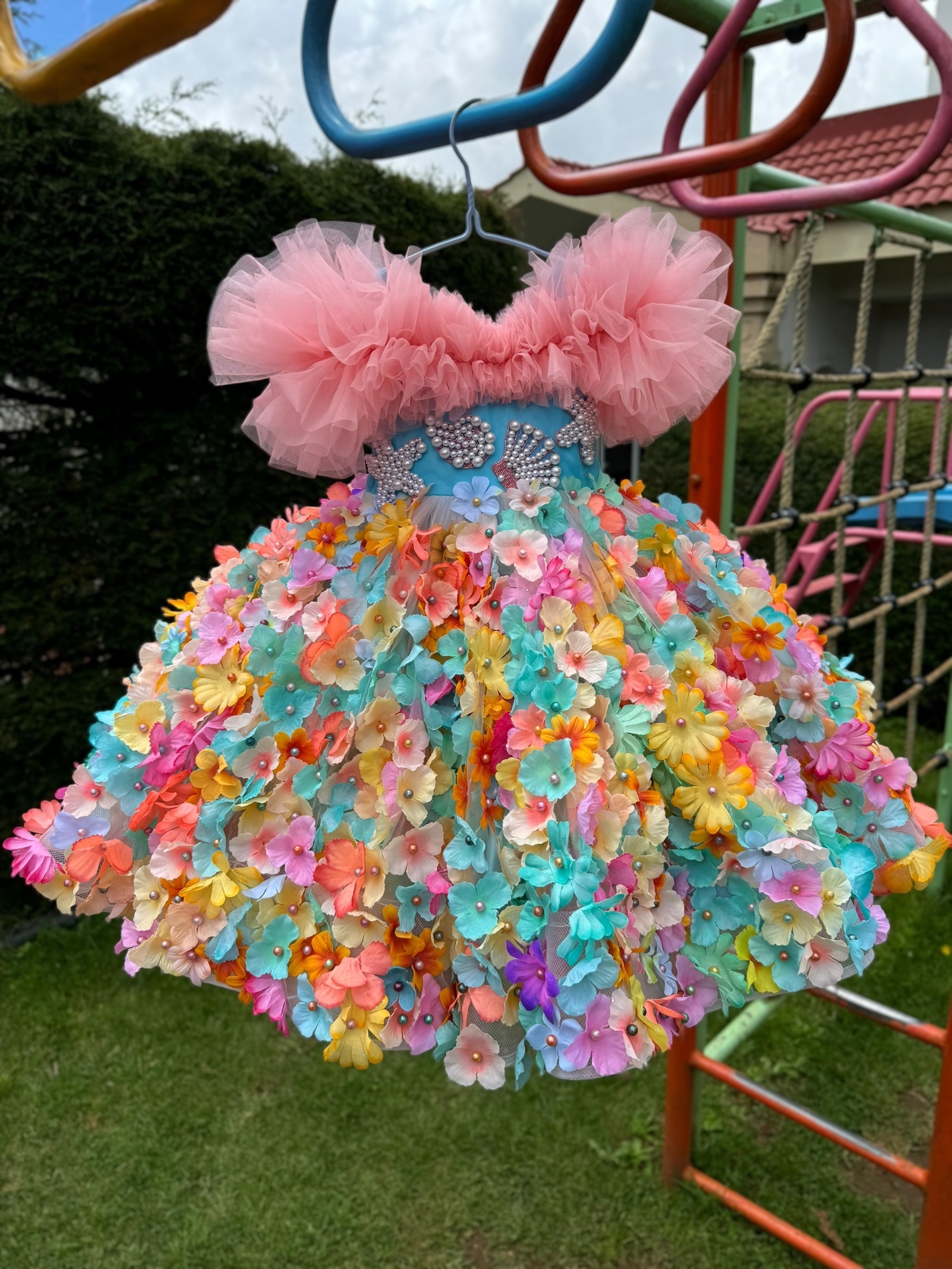 Multi Colour Floral Gown with Pink Ruffle Top And Turquoise Body 0-6M