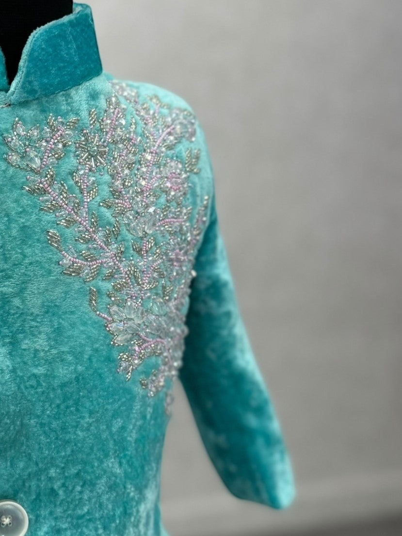 Aqua Serene Hand-Embroidered Prince Jacket
