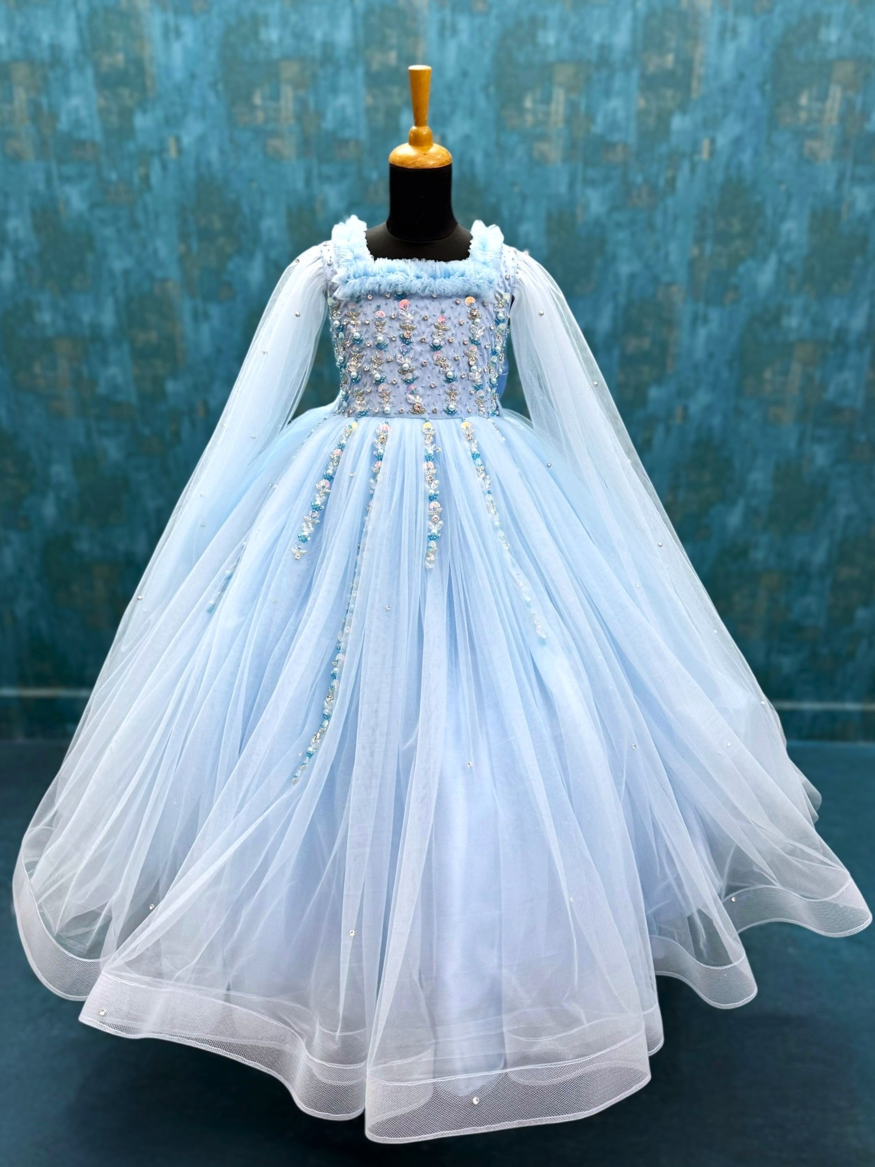 Frozen Sky Elegance Hand-Embellished Royal Princess Gown