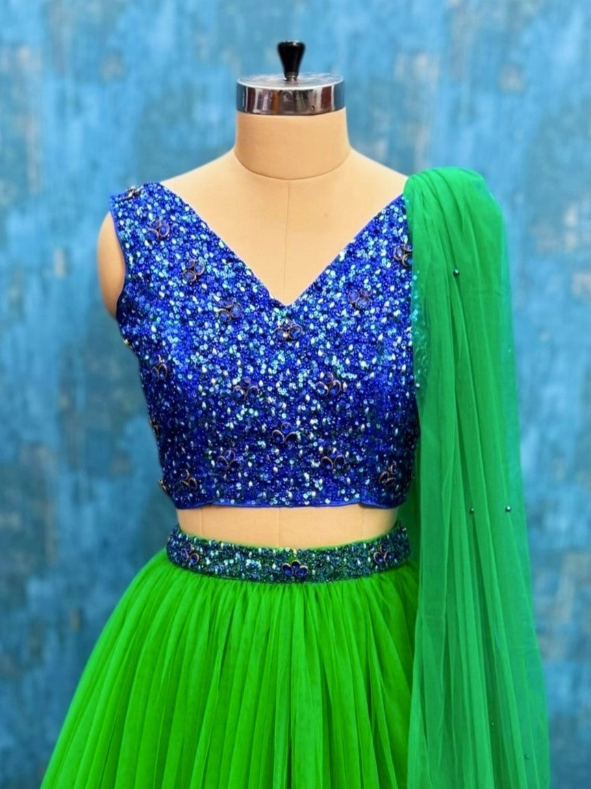 Peacock Crest Blue Crystal Majesty Emerald Flow Lehenga Ensemble With Dupatta