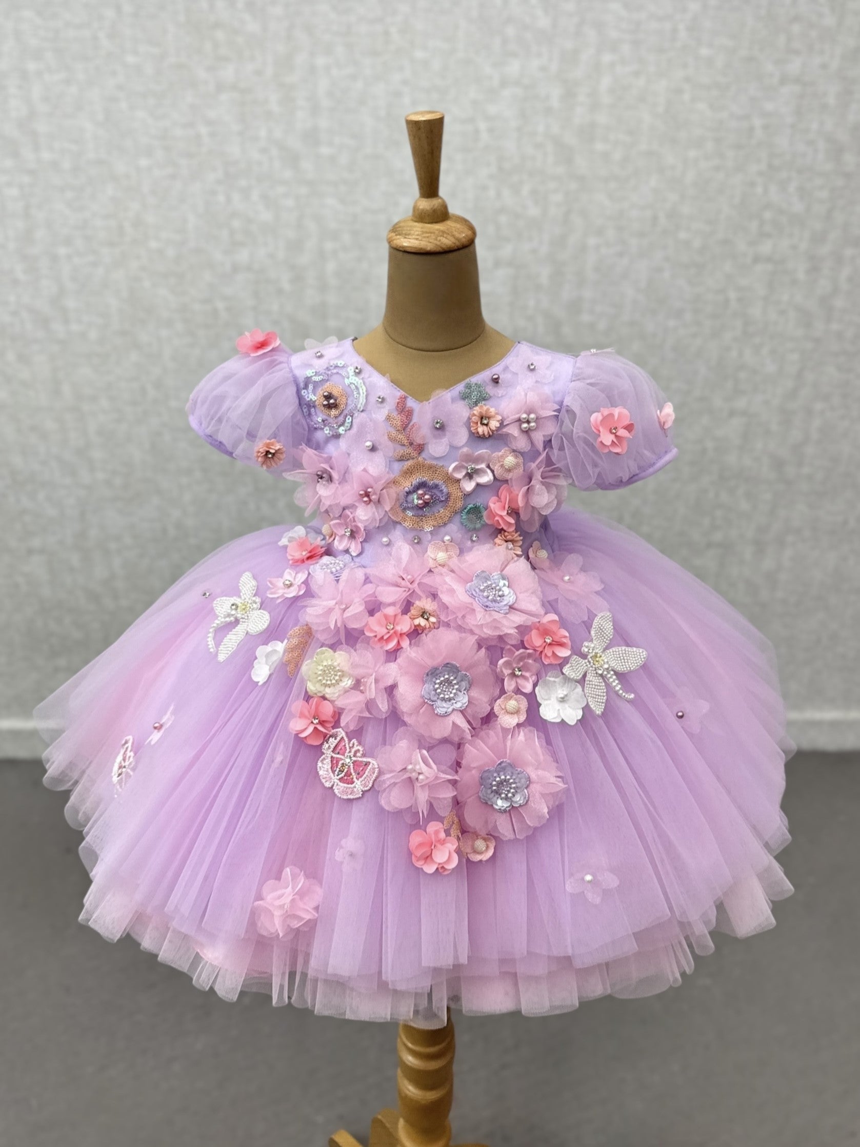 Soft Violet Rose Field 3D Floral Fantasy Princess Gown
