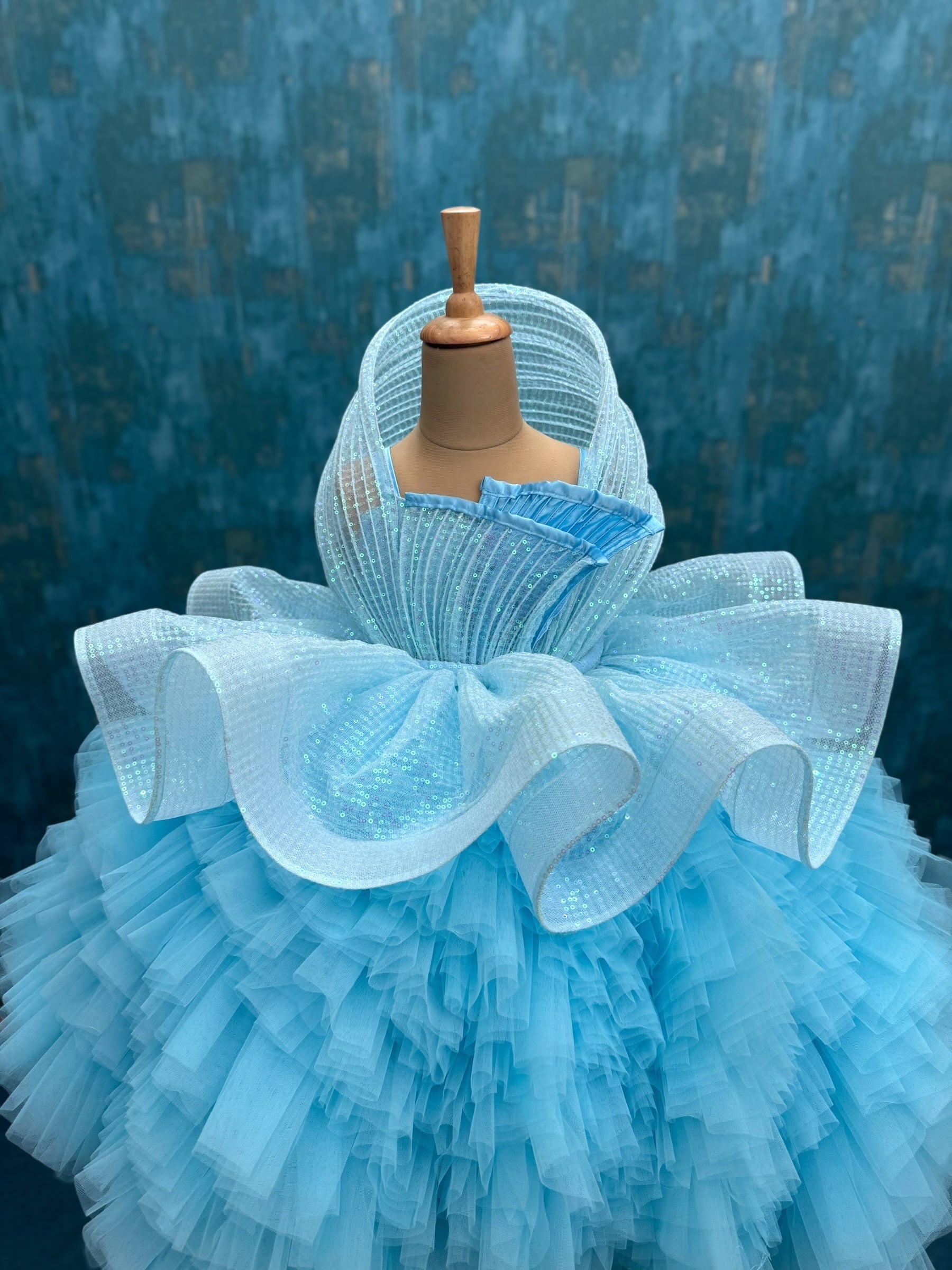 Couture Dresses Online, Sky Blue Couture Ruffled Pageant Dress