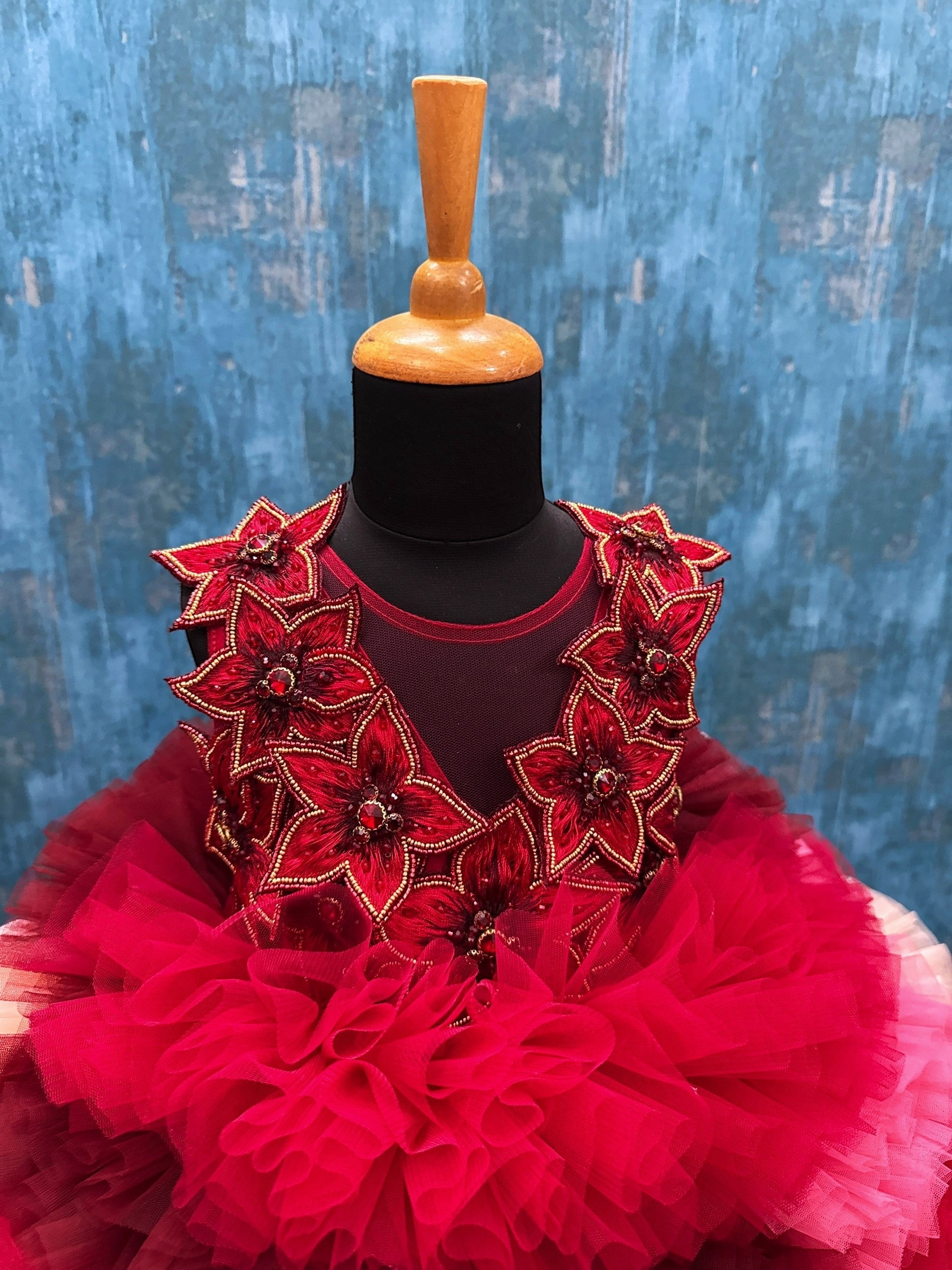 Red Velvet Petal Ruffle Ball Gown