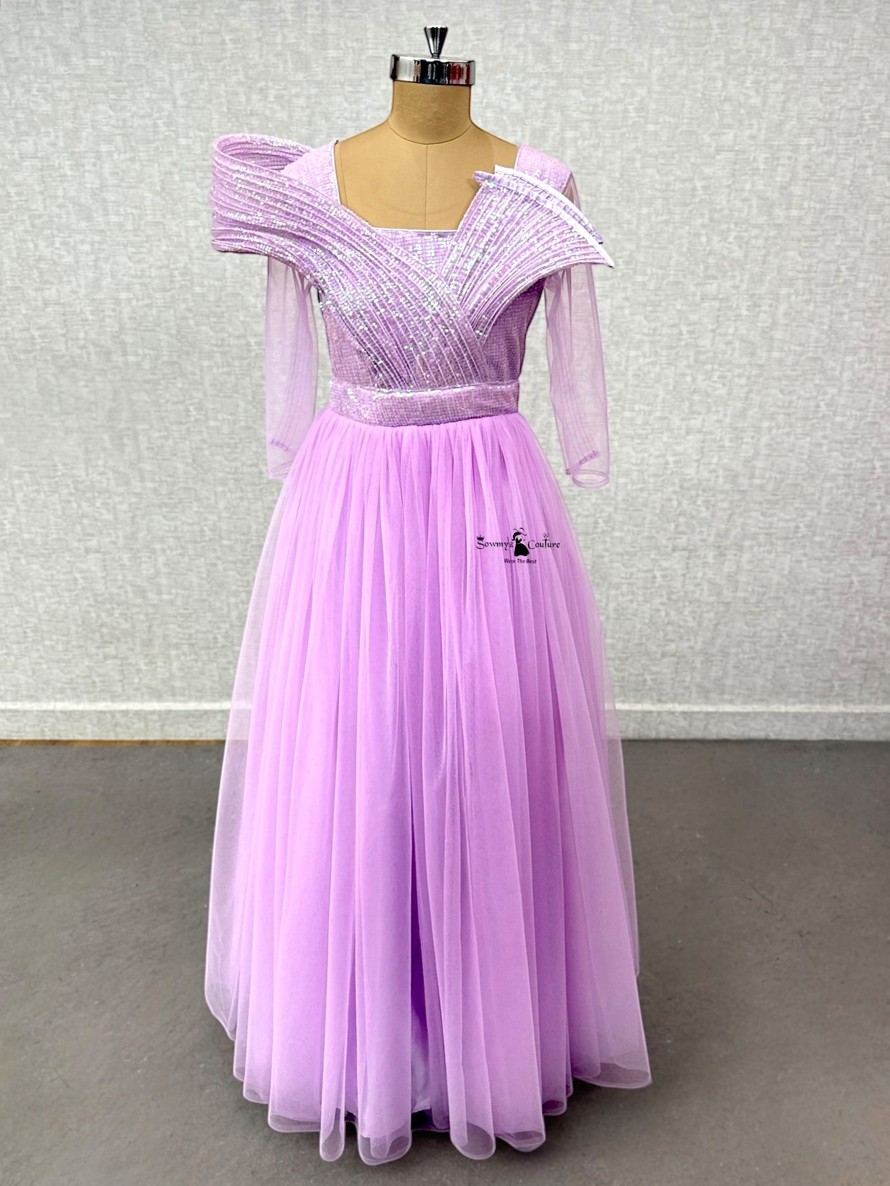 Lavender Structured top tulle gown with transparent  sleeves