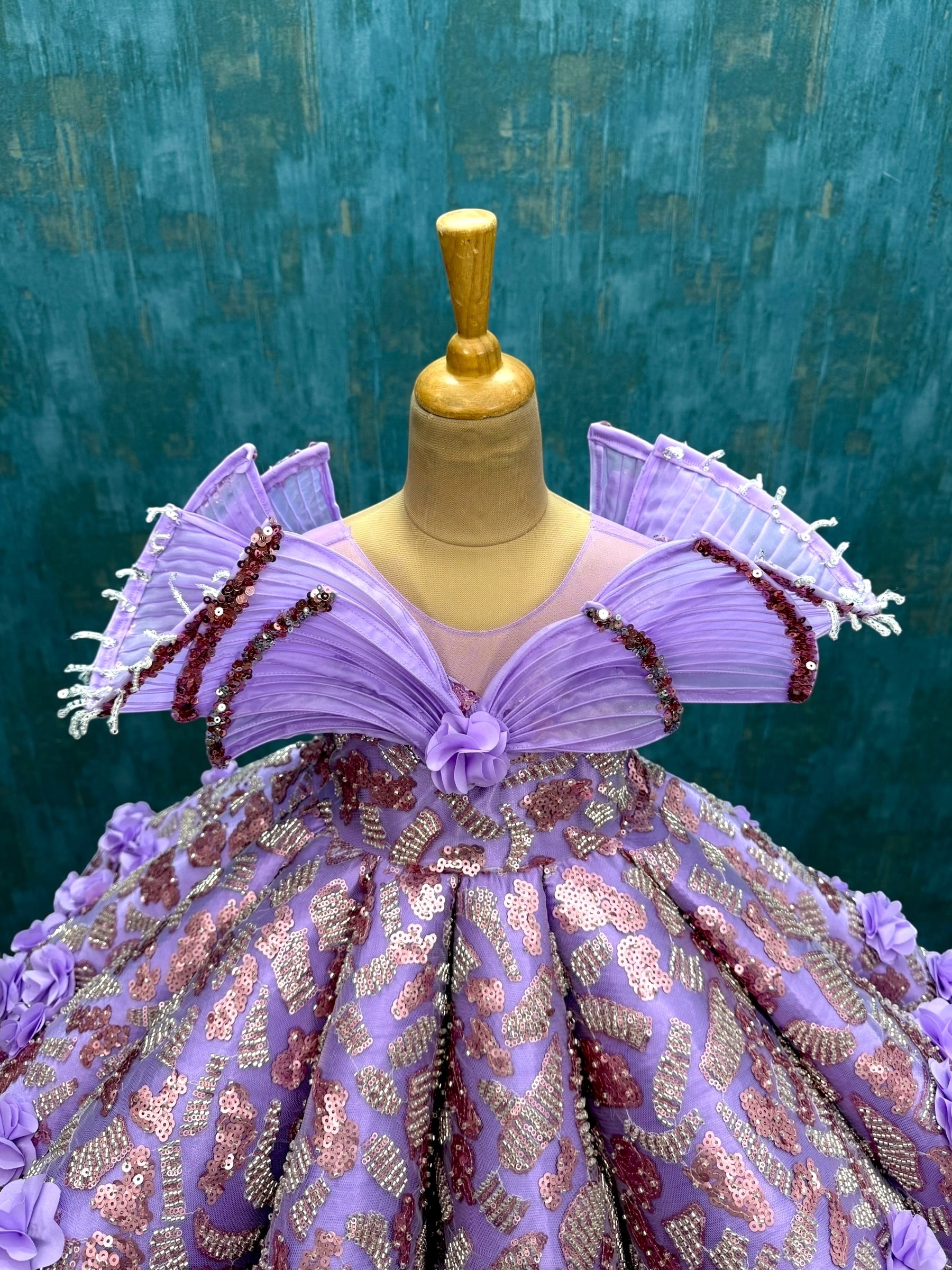 Lavender and Pink Structure Panel Ball Gown With 3D Flowers