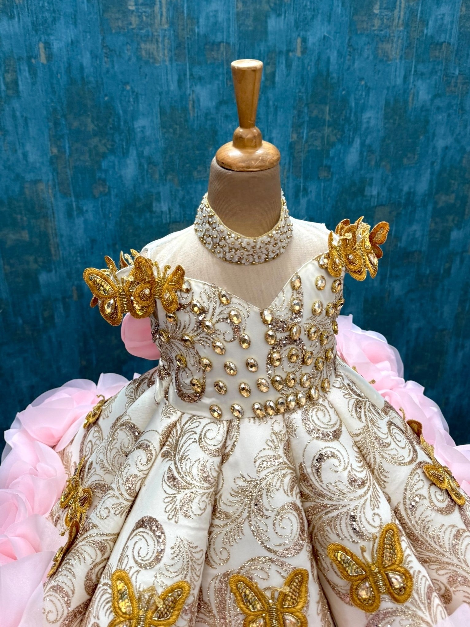 Dreamy Golden Rosette Majesty panel Gown with 3d butterfly