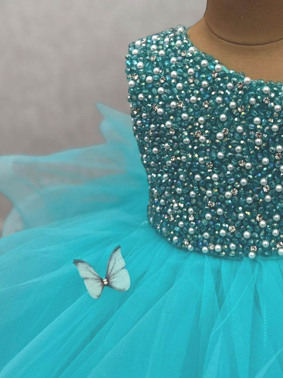 Seafoam Butterfly Bliss Couture gown with intricate work