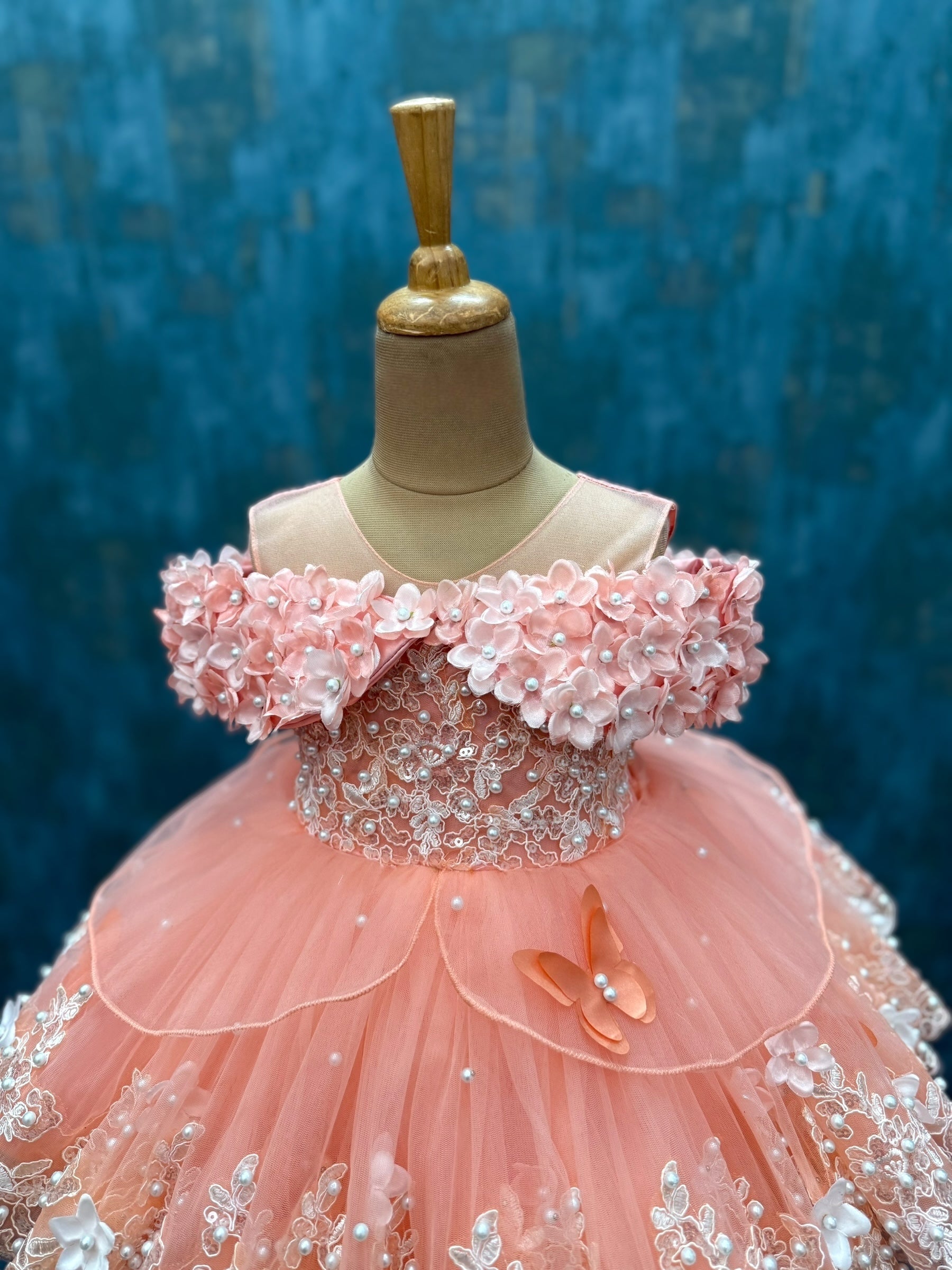 Dreamy peach Lace And Pearl Ball Gown