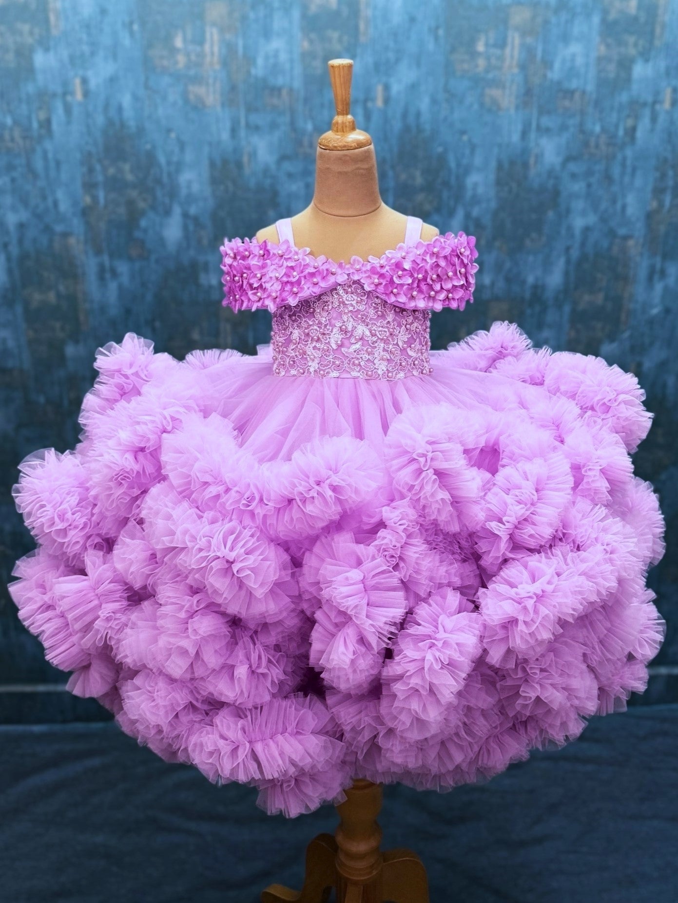 Lavender Cloud Gown with half shoulder floral top