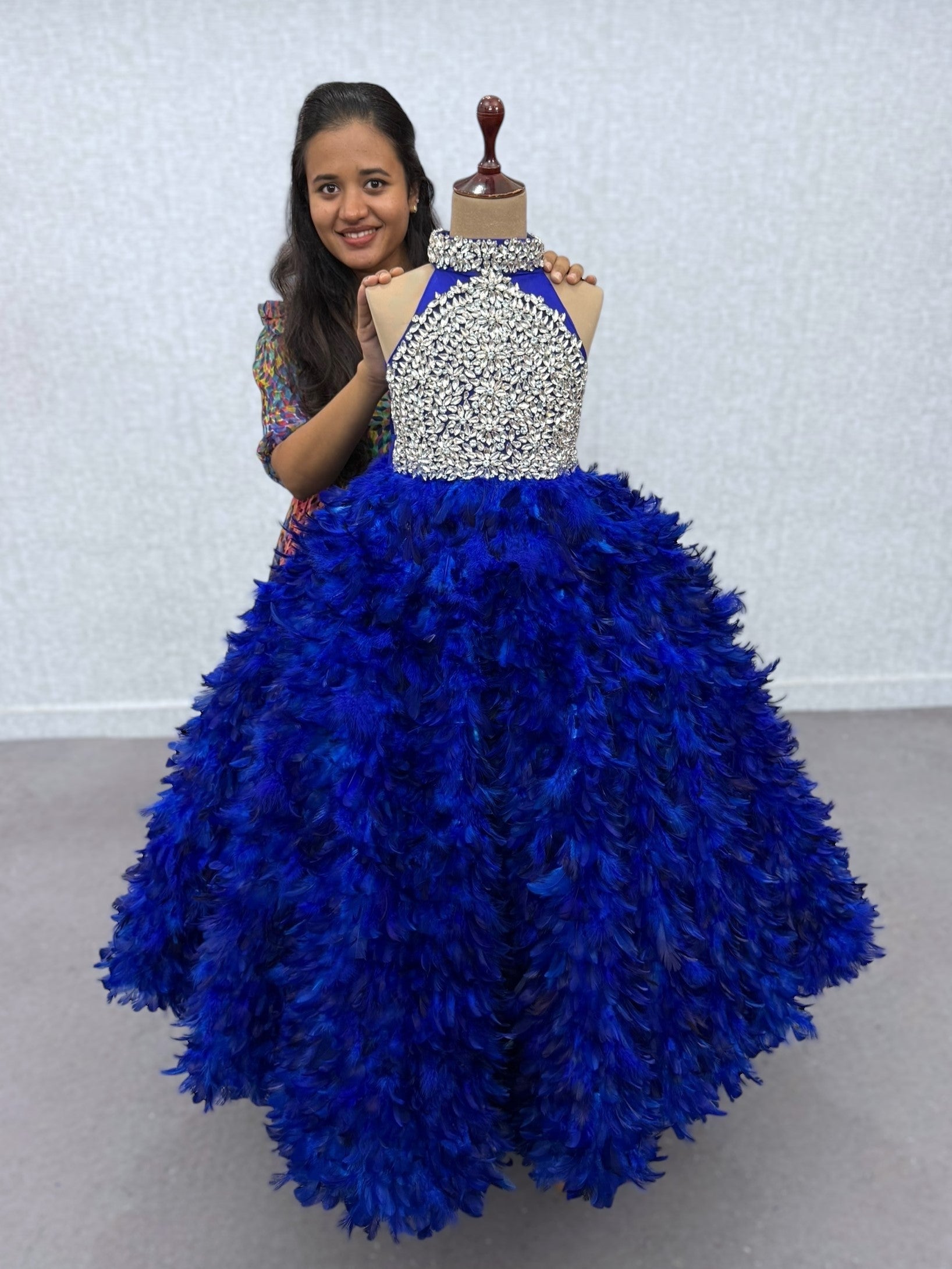 royal blue Feathered Ball Gown with Stone Embroidery Bodice