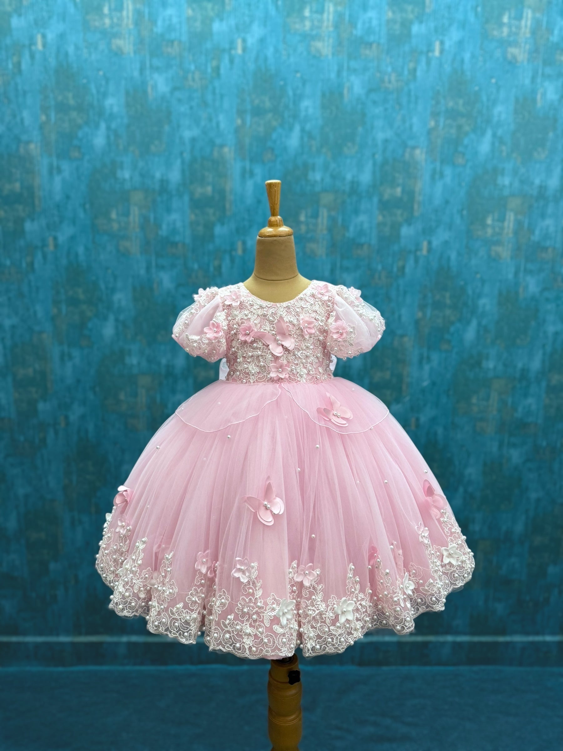 lace and pearl butterfly pink ball gown with puff sleeves