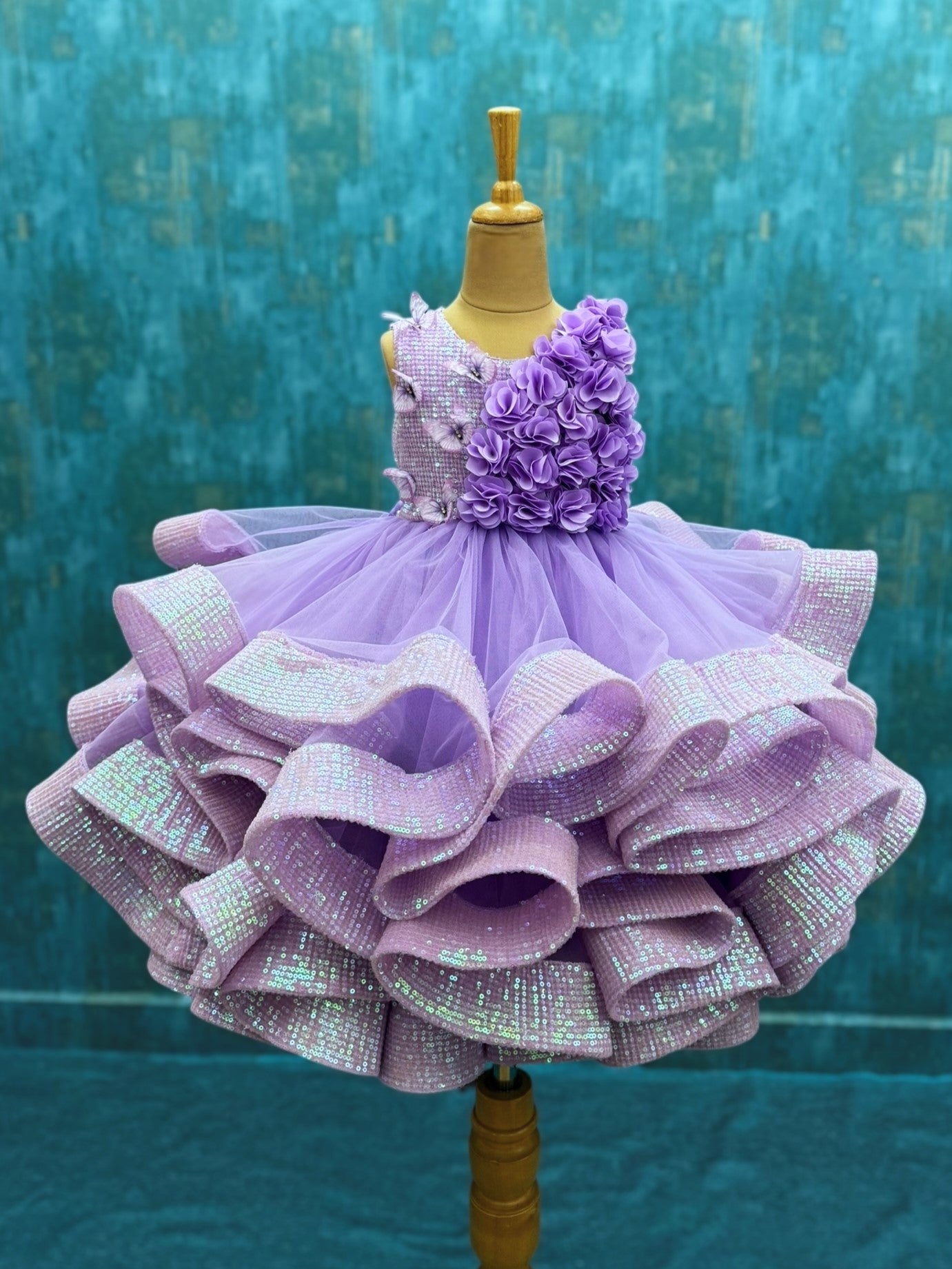Lavender Butterfly sequence ruffle ball Gown with embossing flowers