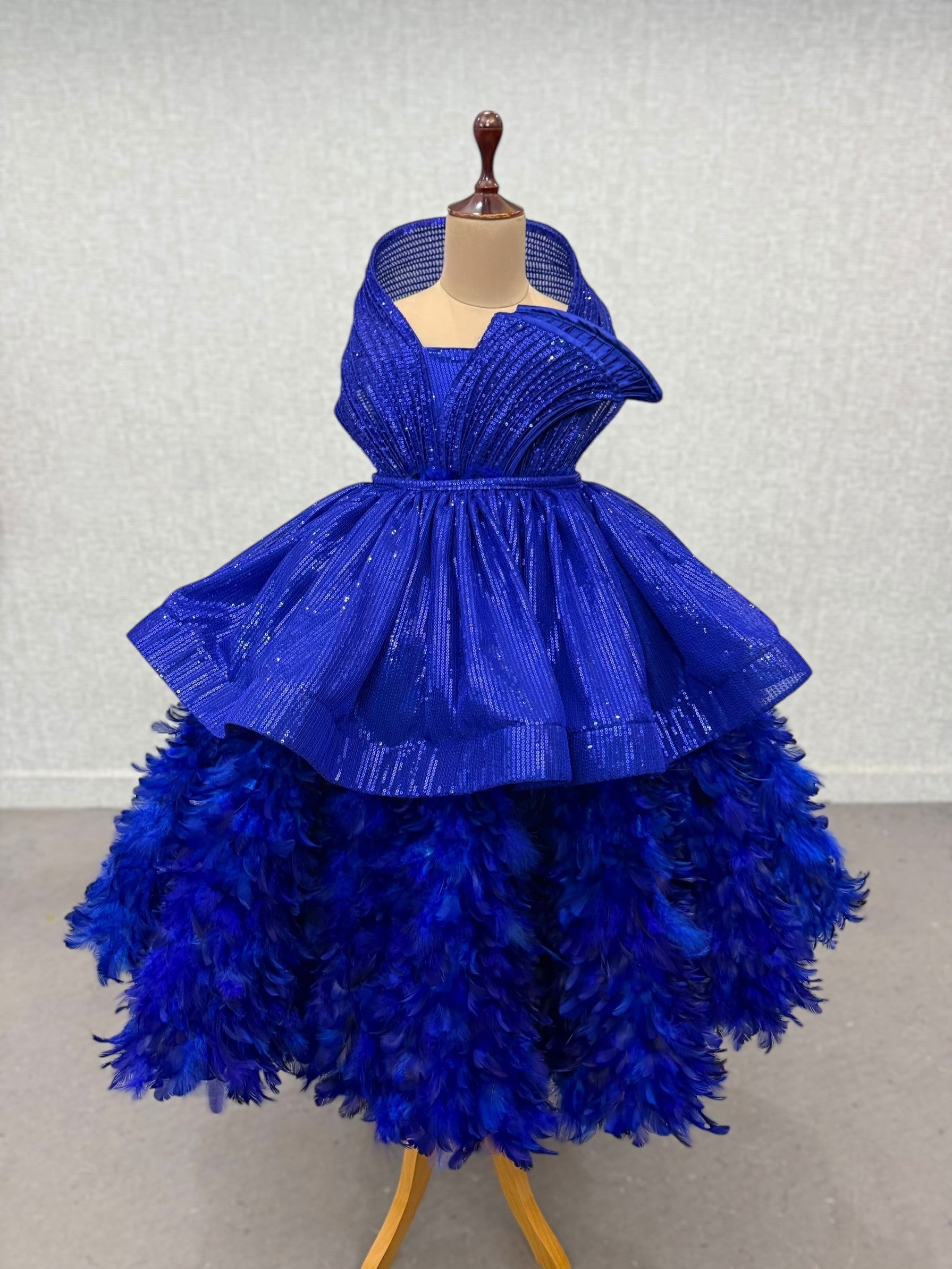 royal blue feather structure ball with detachable sequin skirt
