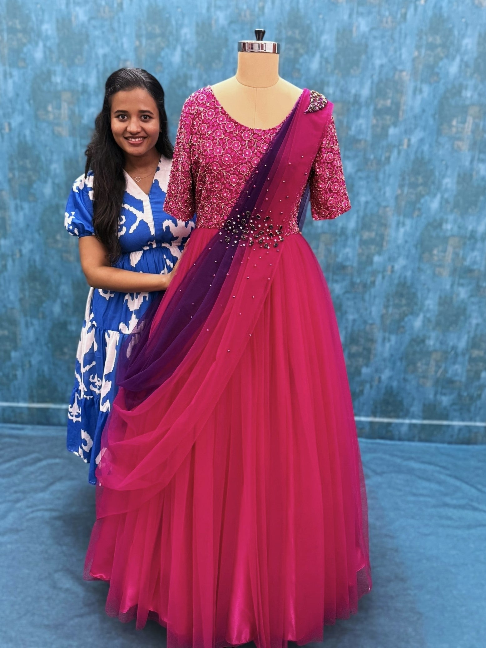 Pink and Purple Draped Dupatta and Intricate Hand work