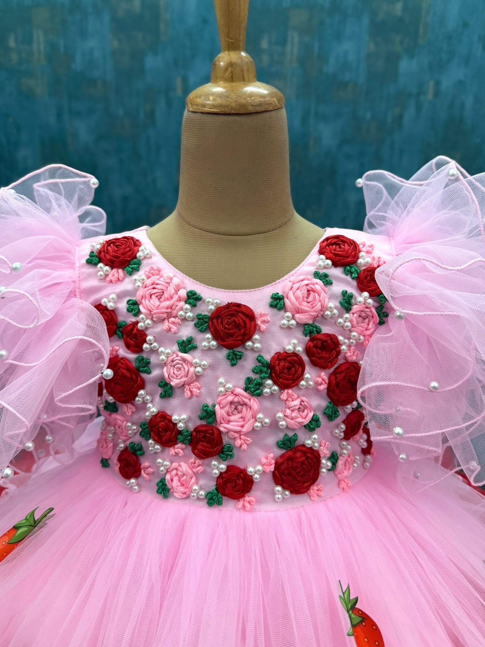 pink and Strawberry Blossom rosalina Princess ball gown with ribbon work top
