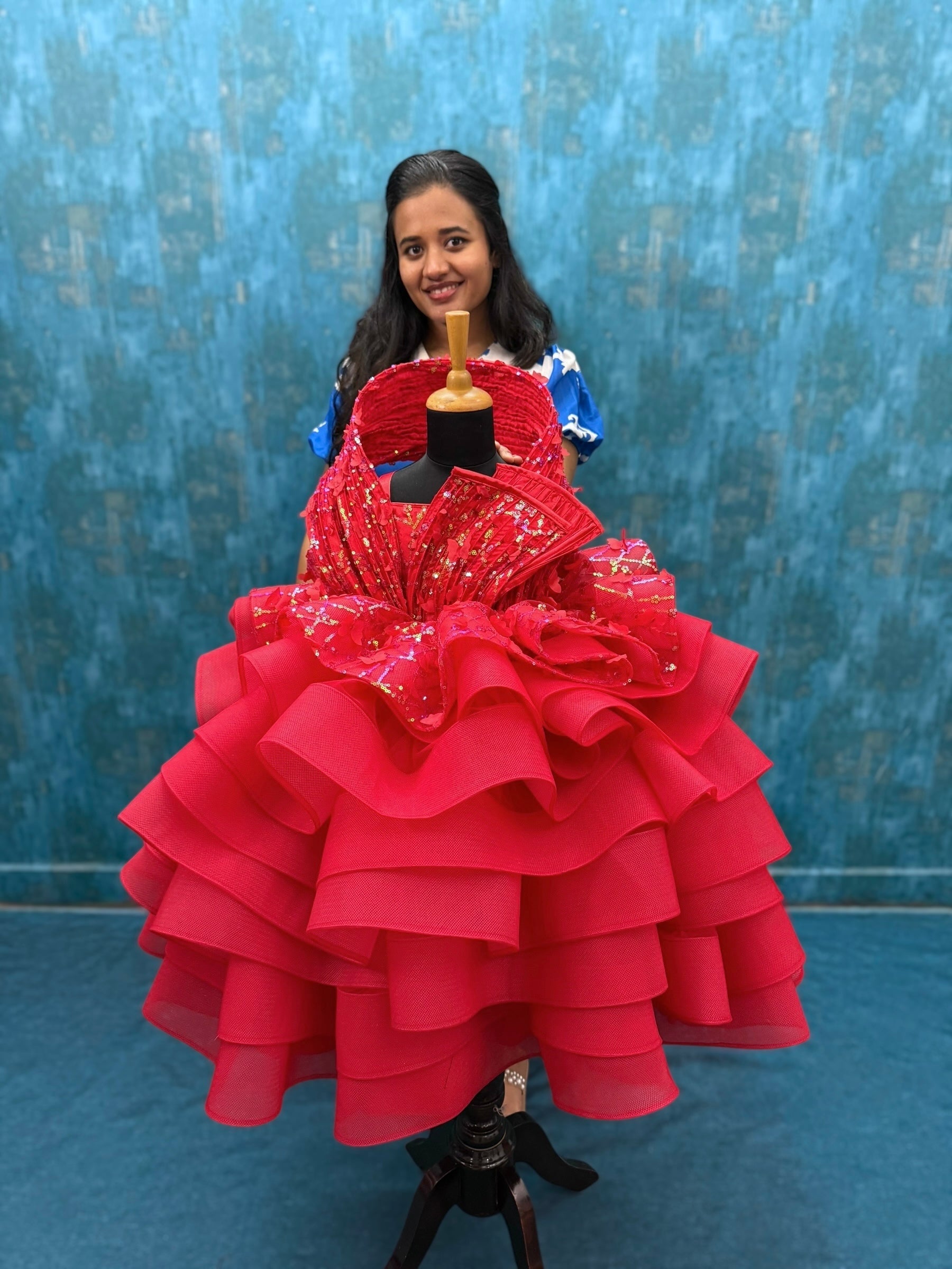 red layer butterfly gown with structured top