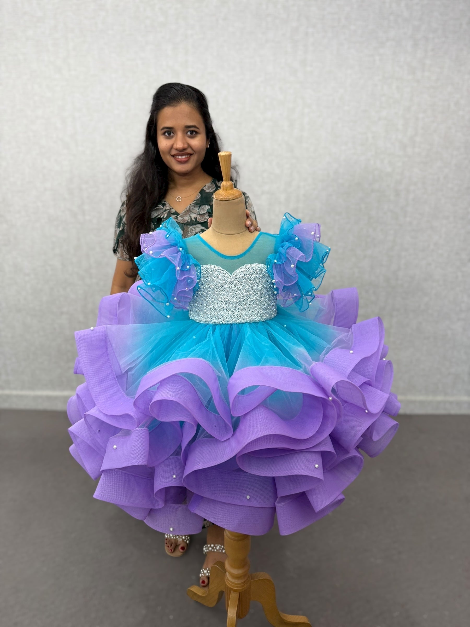 Enchanted blue and lavender – Fairy ruffle Ball Gown With intricate pearl work