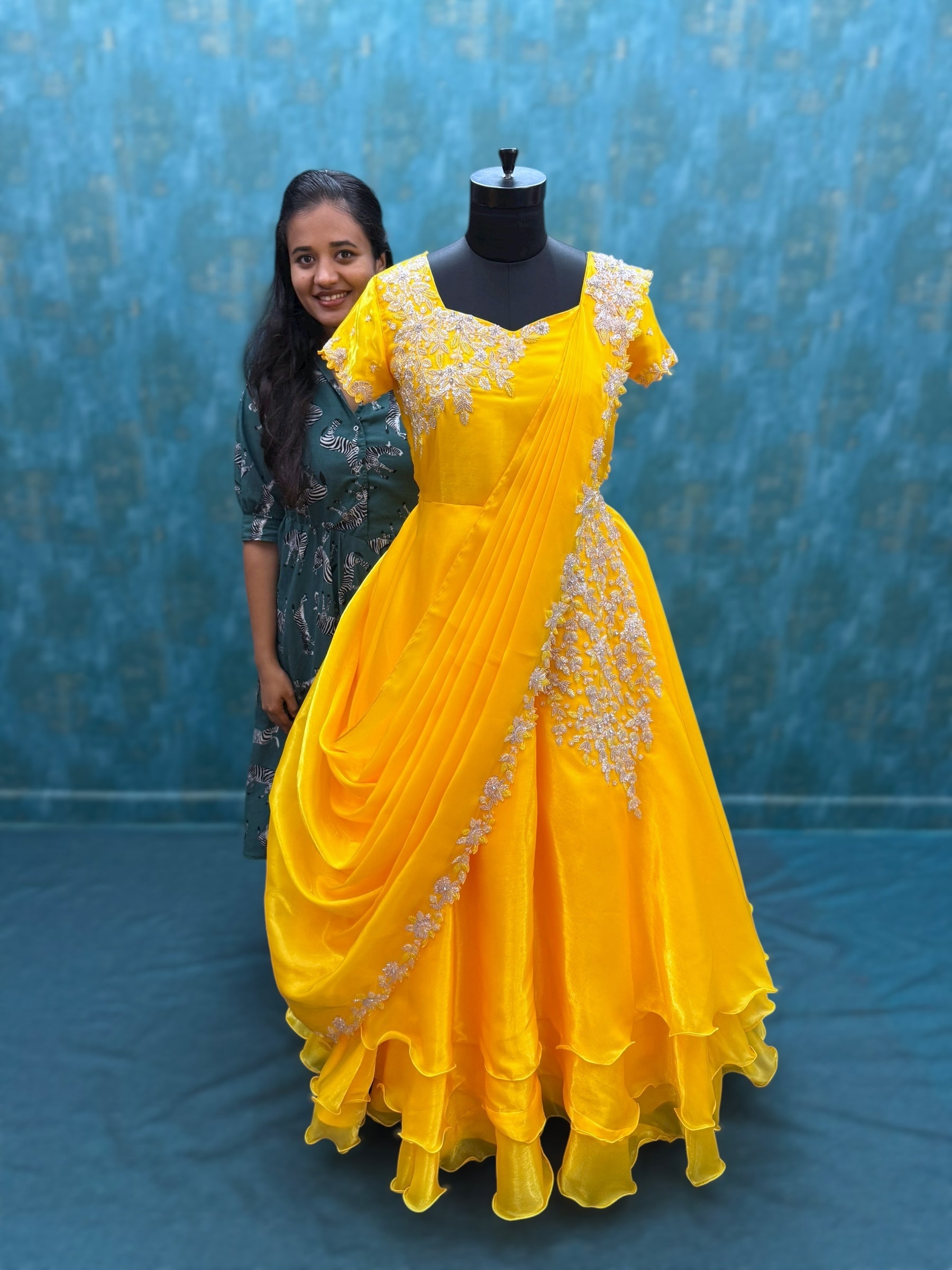 Yellow Crystal Embroidered Layer saree gown with Graphed Dupatta