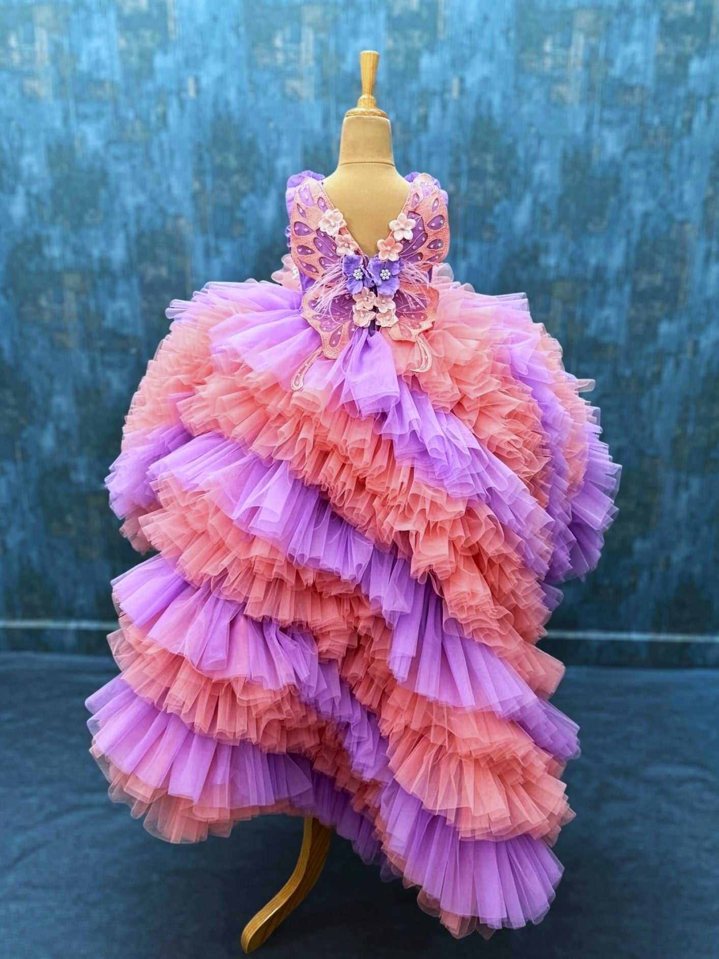 peach and lavender ruffle floral ball gown with attached trail