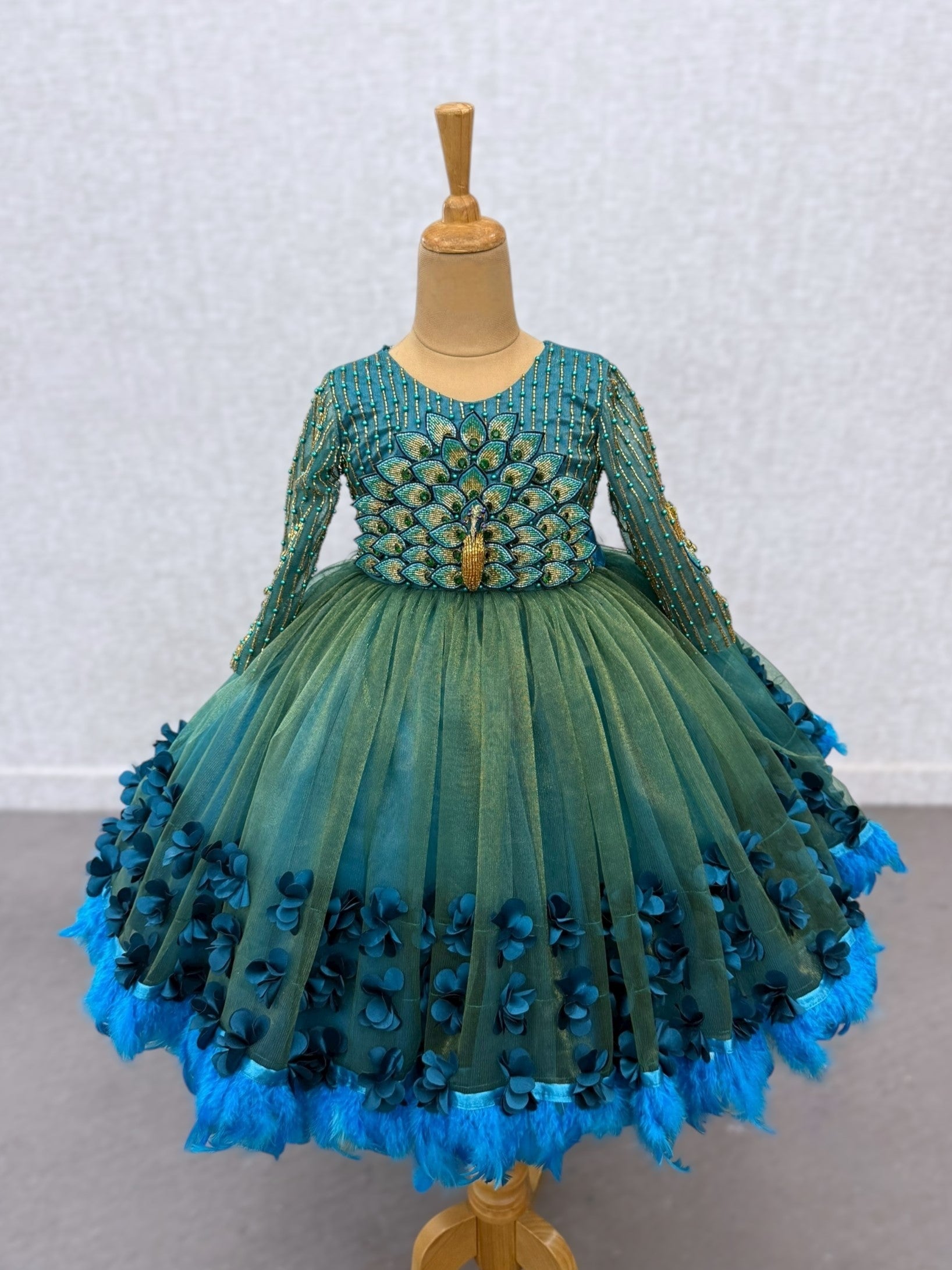 5D peacock ball gown with floral and feather work 5-6Y