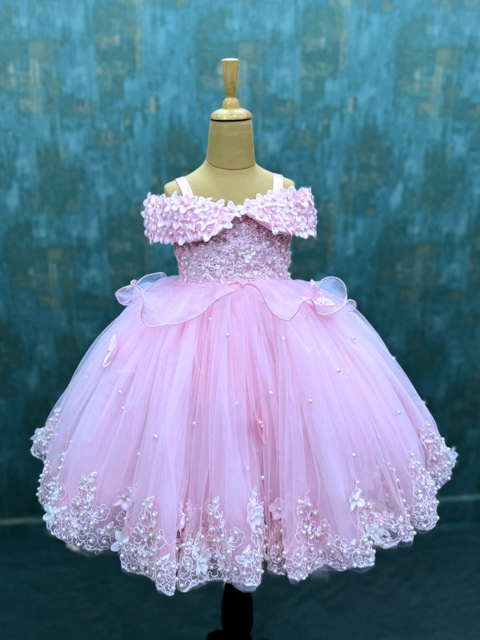 Dreamy Pink Lace And Pearl Ball Gown