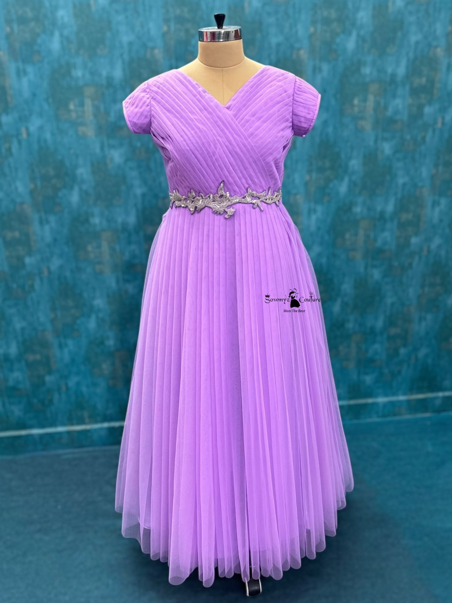 Lavender Moonlight Pleated Elegance Silver Belt Statement Gown