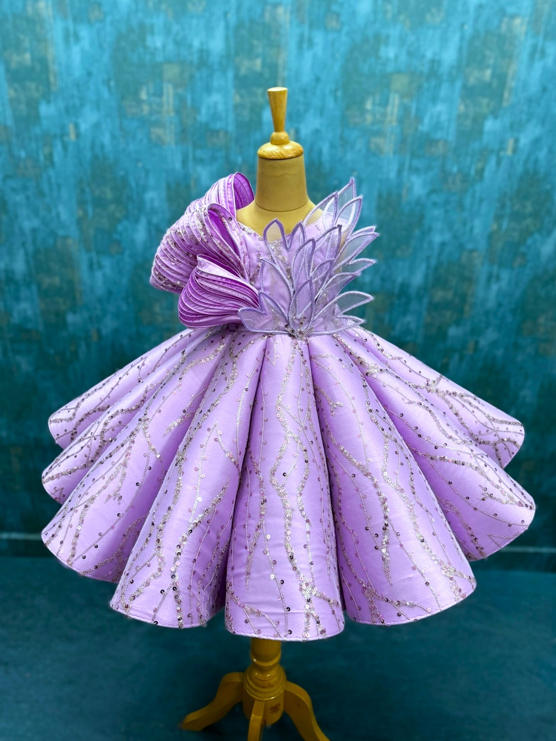 Lavender Ombre Structured Panel Ball Gown with Embossing Bows and Hand Embroidered Petals