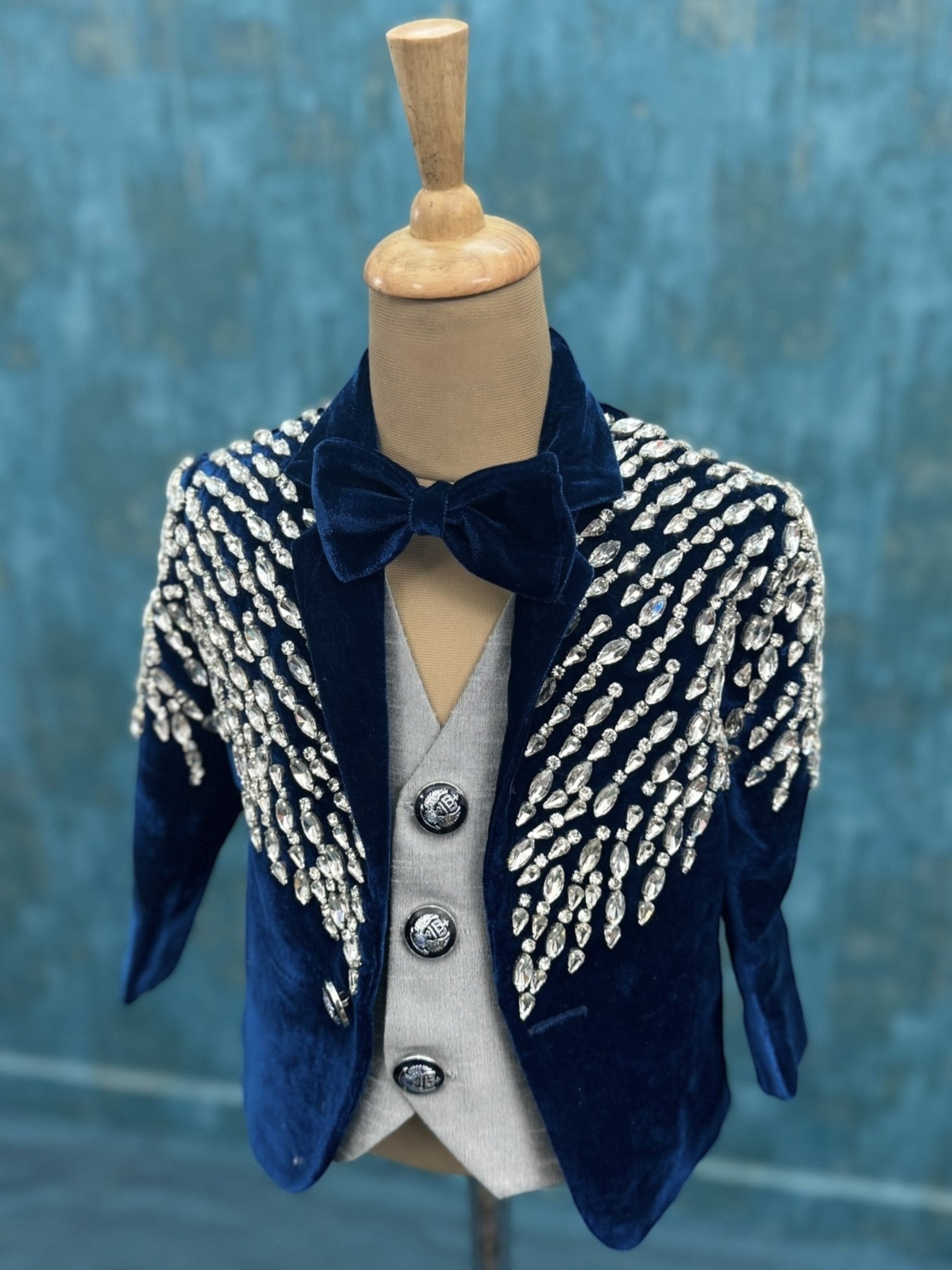 Deep Blue Velvet Crystal Cascade Designer Evening Blazer Suit