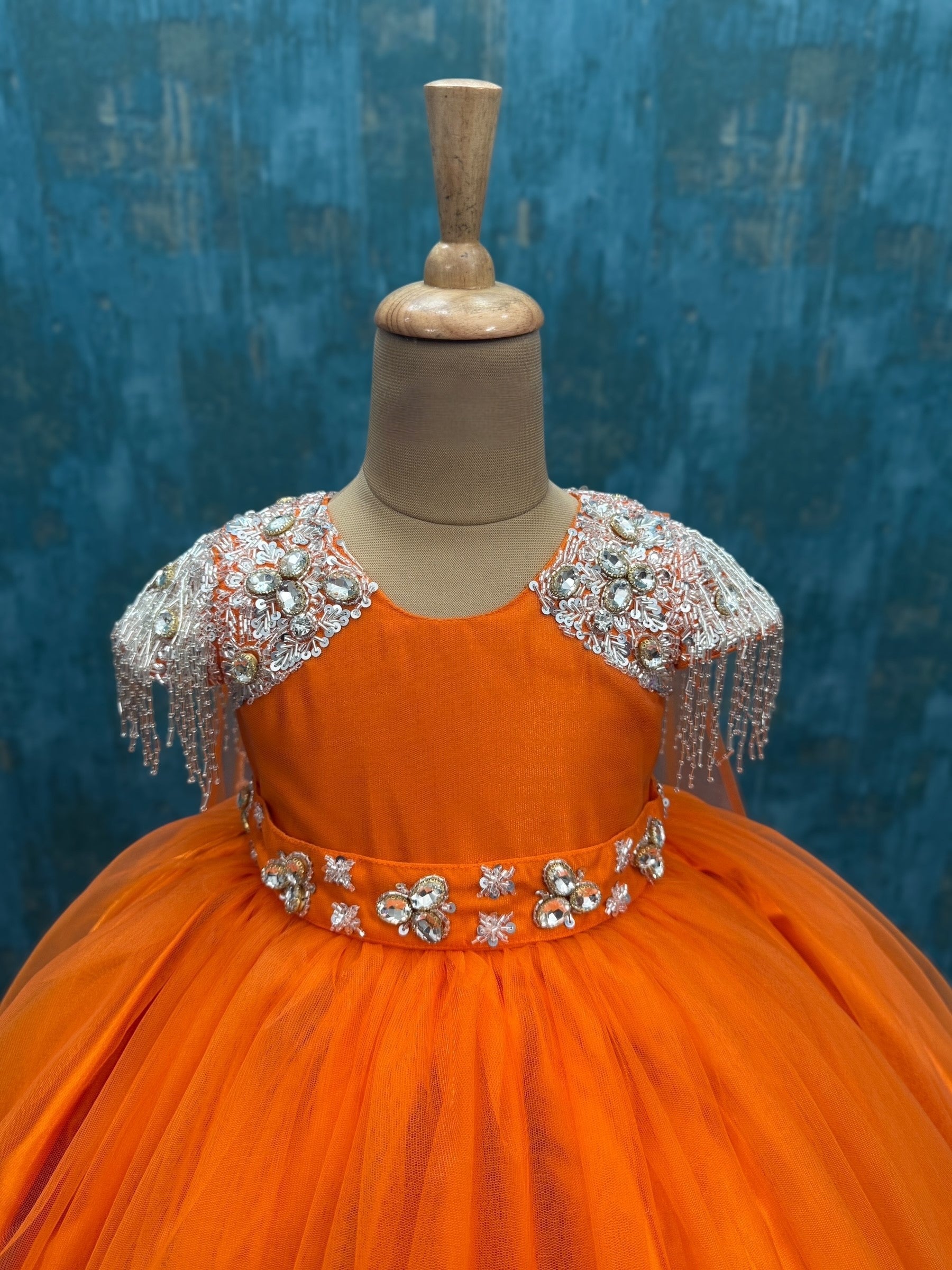 Golden Tangerine Crystal Fringe Hanging Cape Princess Couture Dress With Name trail
