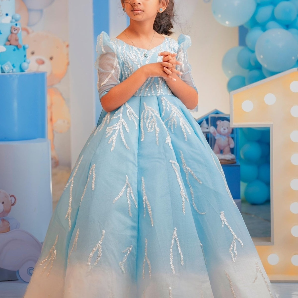 Ice Blue Snowfall Crystal-Embroidered Couture Princess Ball Gown 7-8y Ice Blue Snowfall Crystal-Embroidered Couture Princess Ball Gown 7-8y
