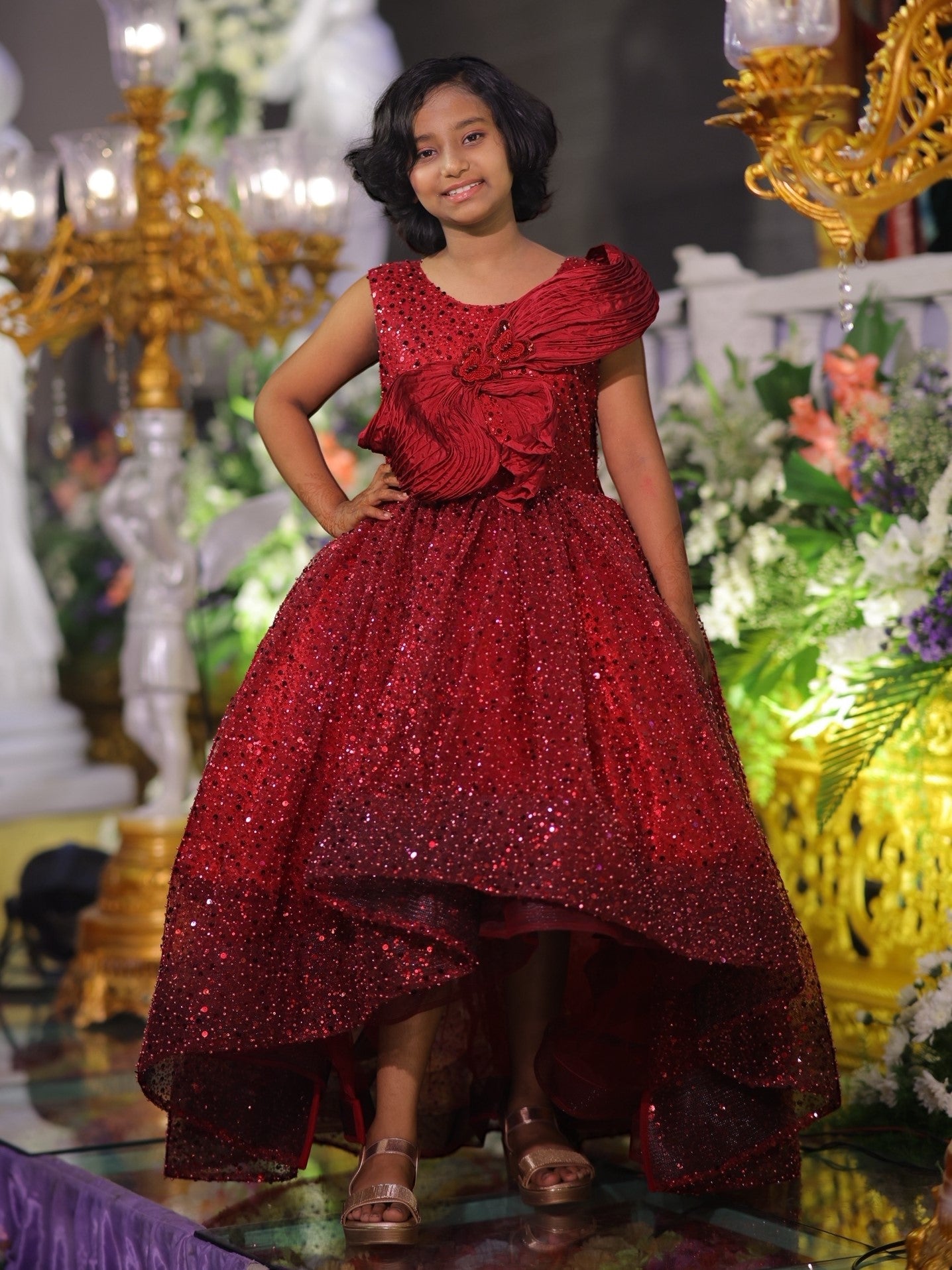 Maroon Star fall Crystal Grand Bow Princess Ball Gown