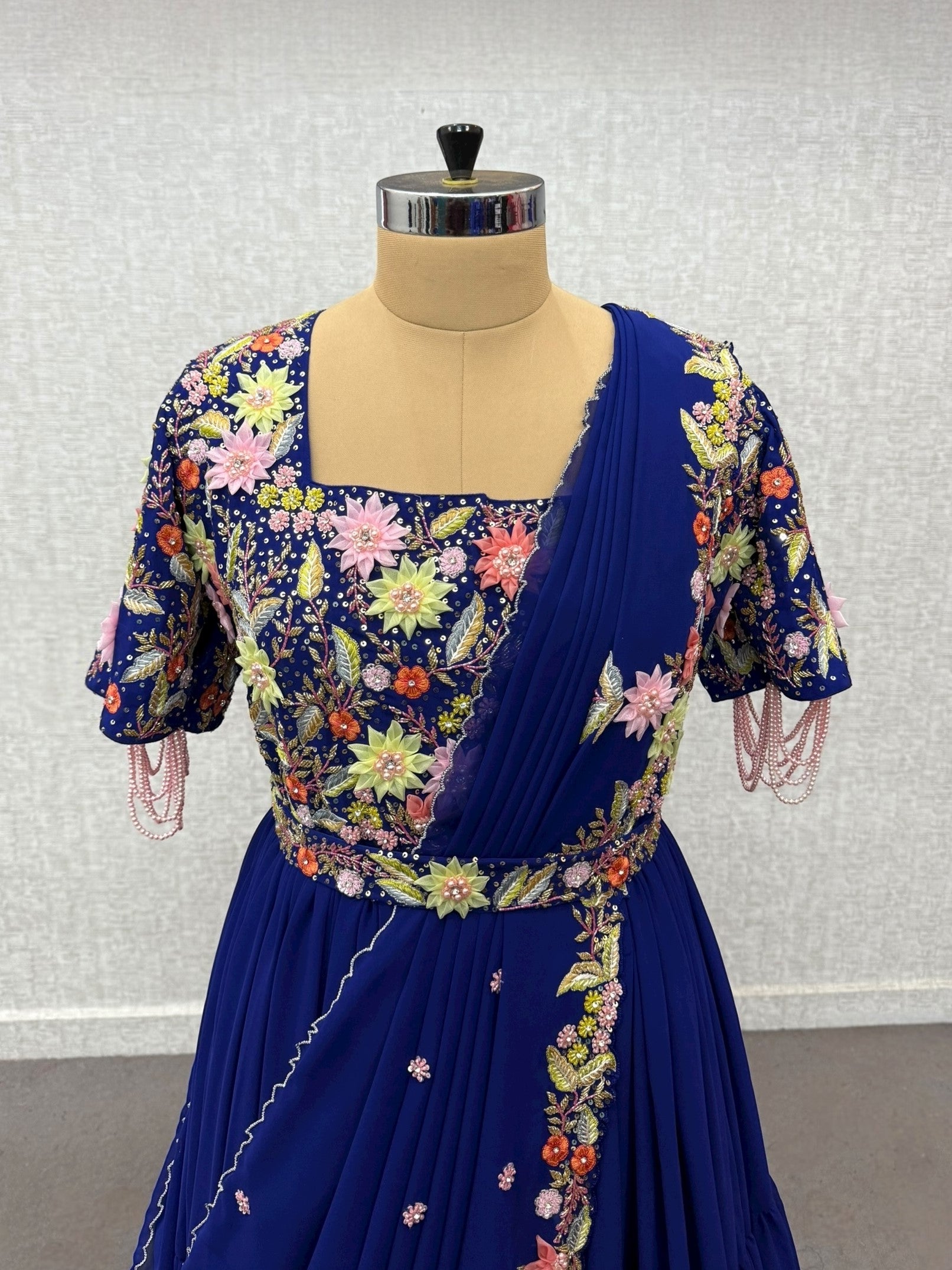 Multi Colour Floral 3D Embroidered Saree Gown With attached Duppatta and Waist Belt