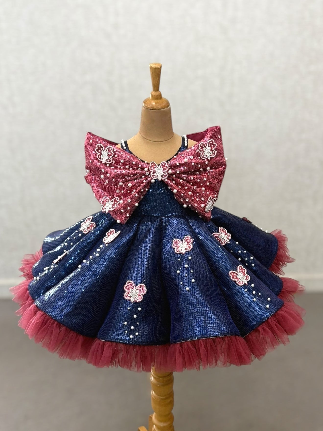 Blue and Plum Ruffle Panel Gown Embossing Bow Top