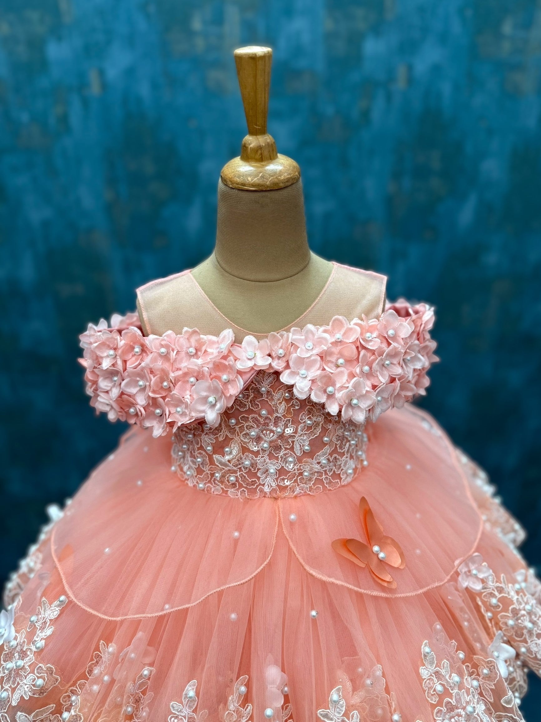 Dreamy peach Lace And Pearl Ball Gown