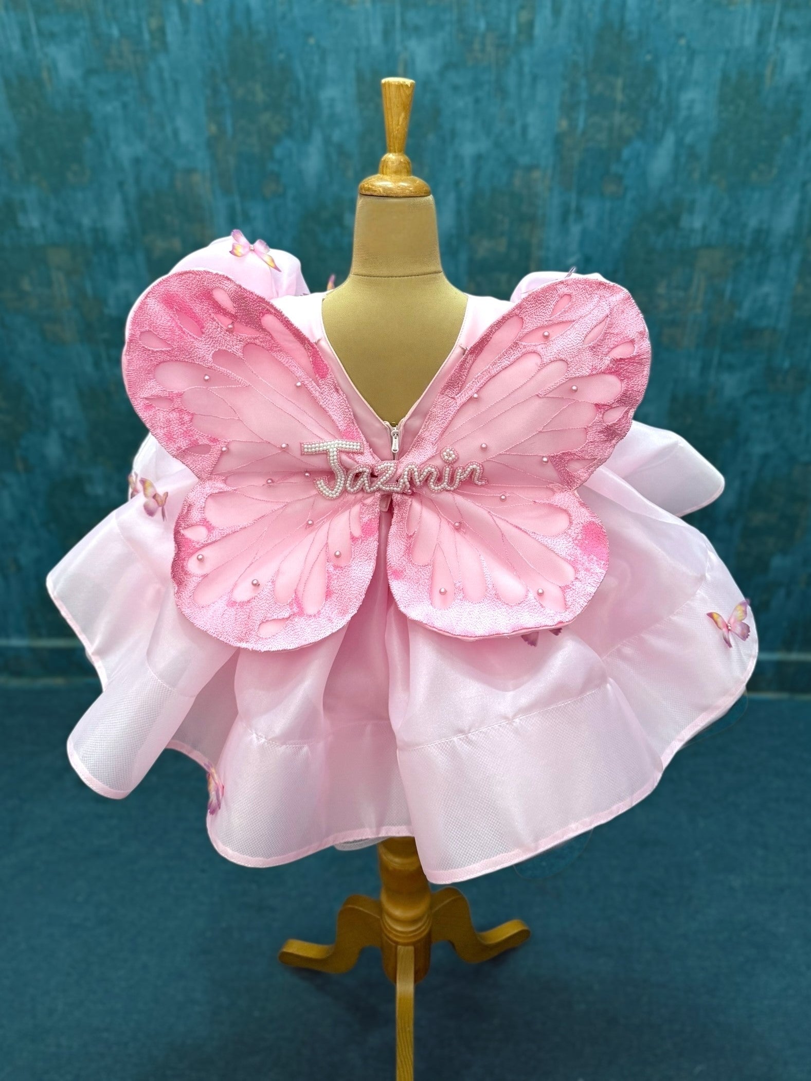 pink Butterfly organza Blossom Dress with embroidered back butterfly