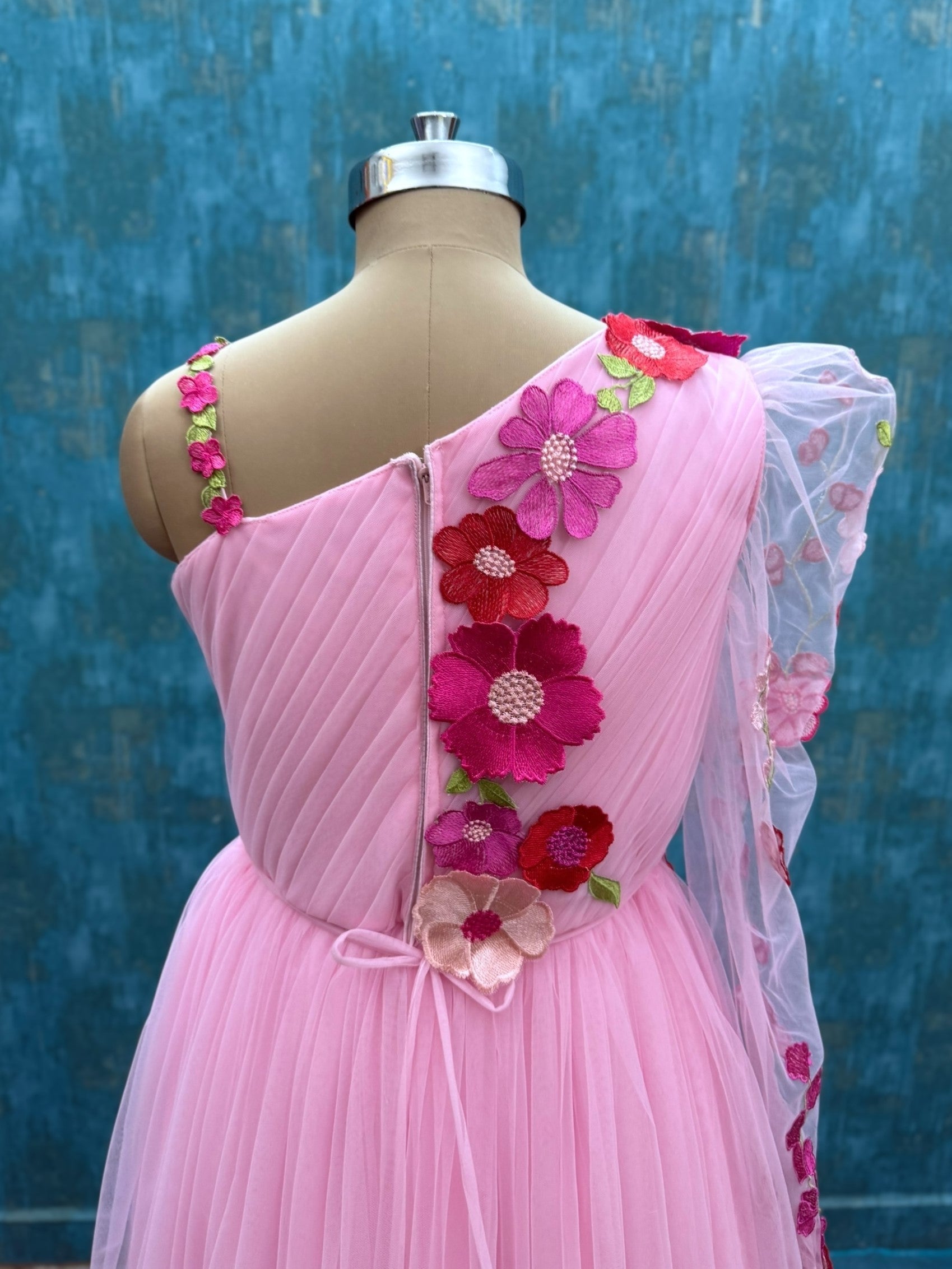 Floral One Shoulder Draped Gown with One side Puff sleeves