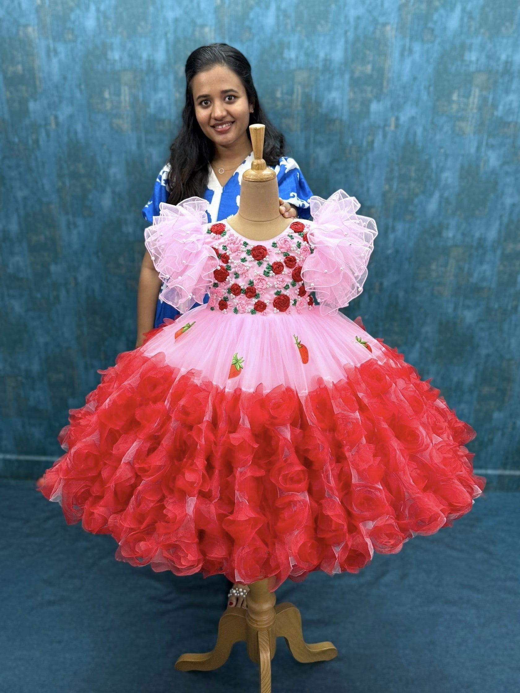 pink and Strawberry Blossom rosalina Princess ball gown with ribbon work top