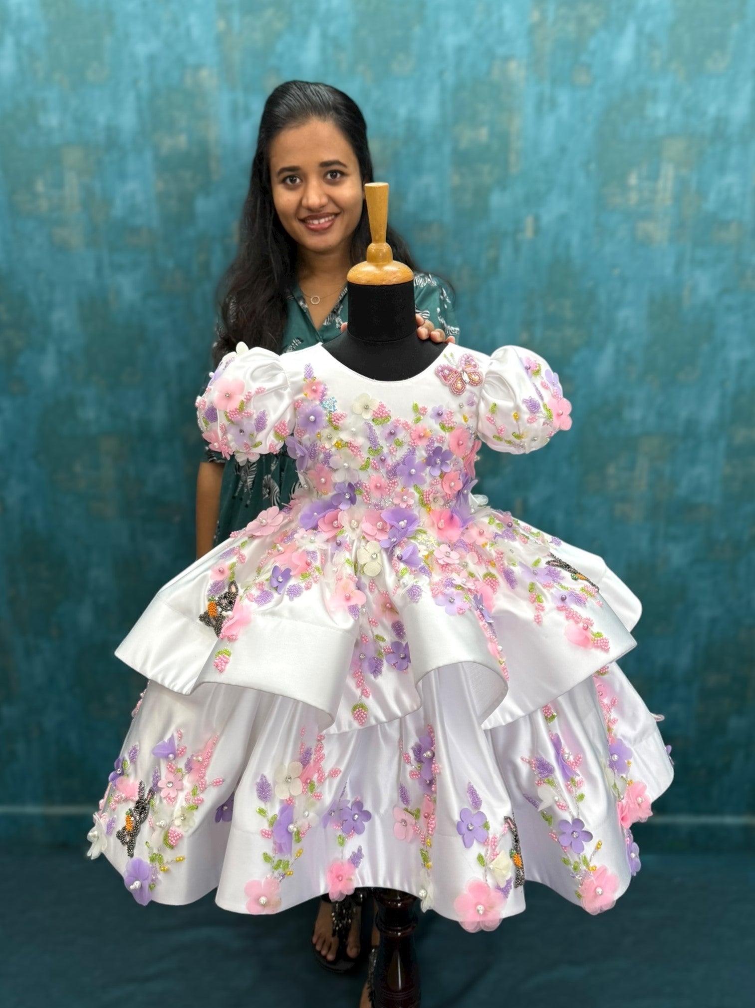 white Floral Fantasy high low layer gown with intricate embroidery