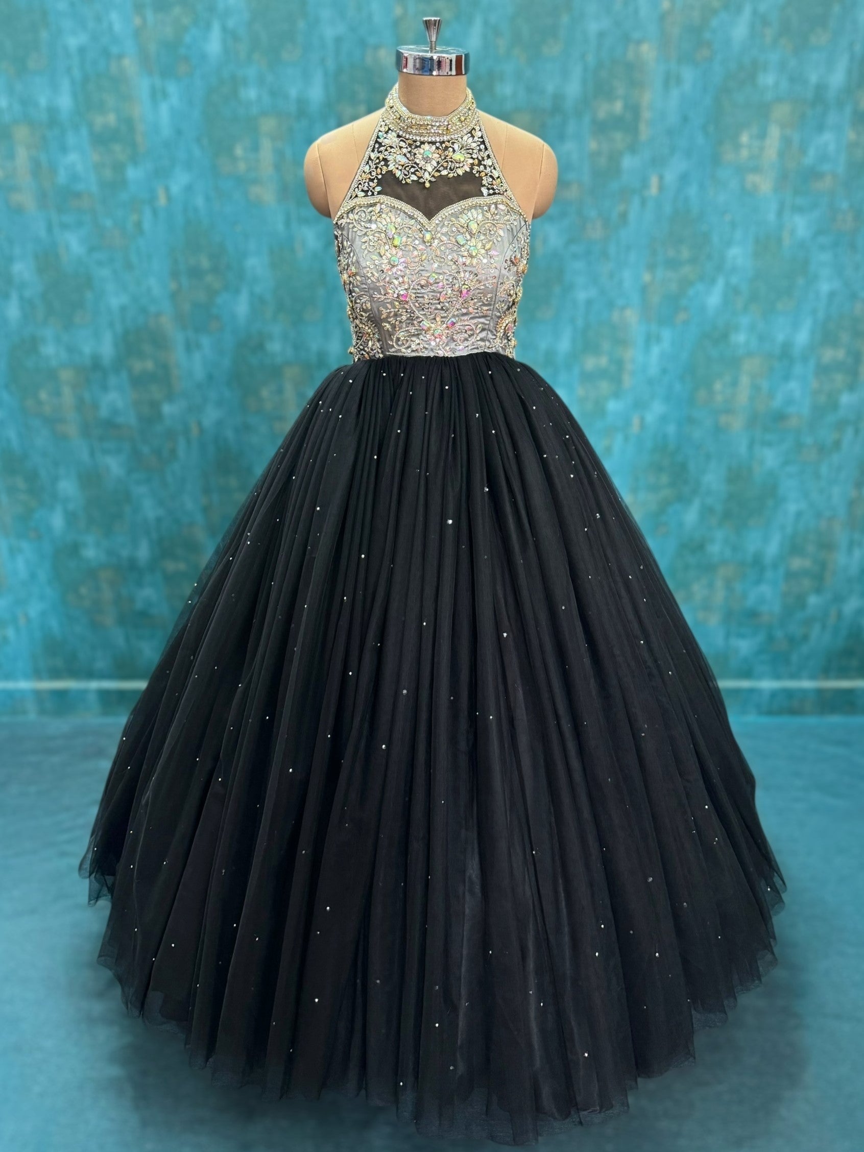 Midnight Star Luxe Obsidian Crystal Halter Princess Ball Gown