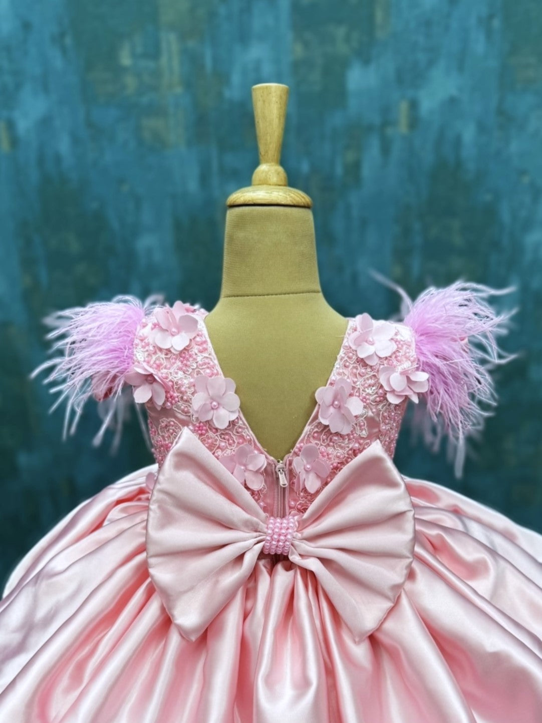 Rosette Cloud Satin Feather-Sleeve Enchanted Princess Party Gown