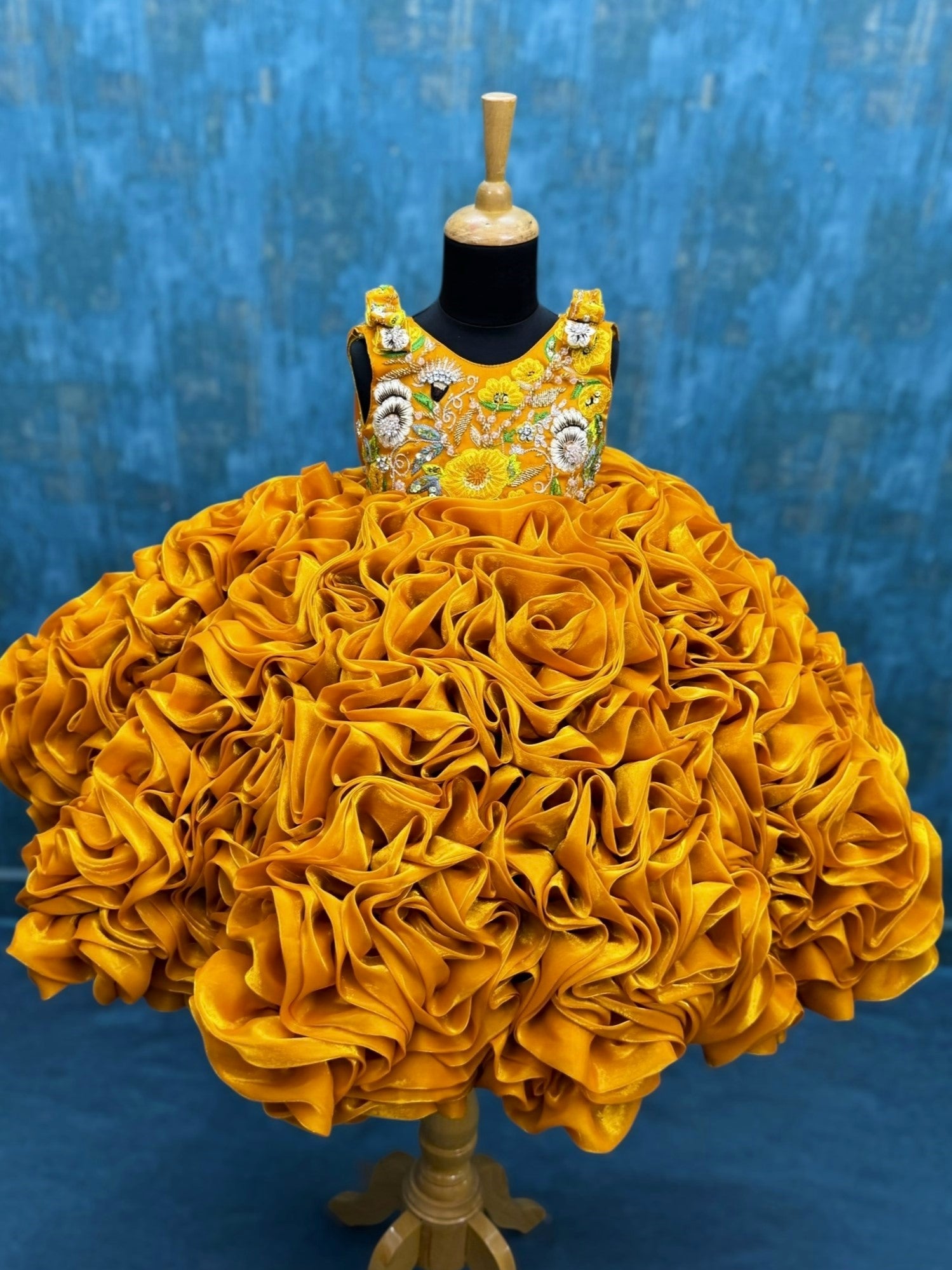 Golden Marigold Bloom Royale Hand-Embroidered Ruffle Princess Celebration Gown