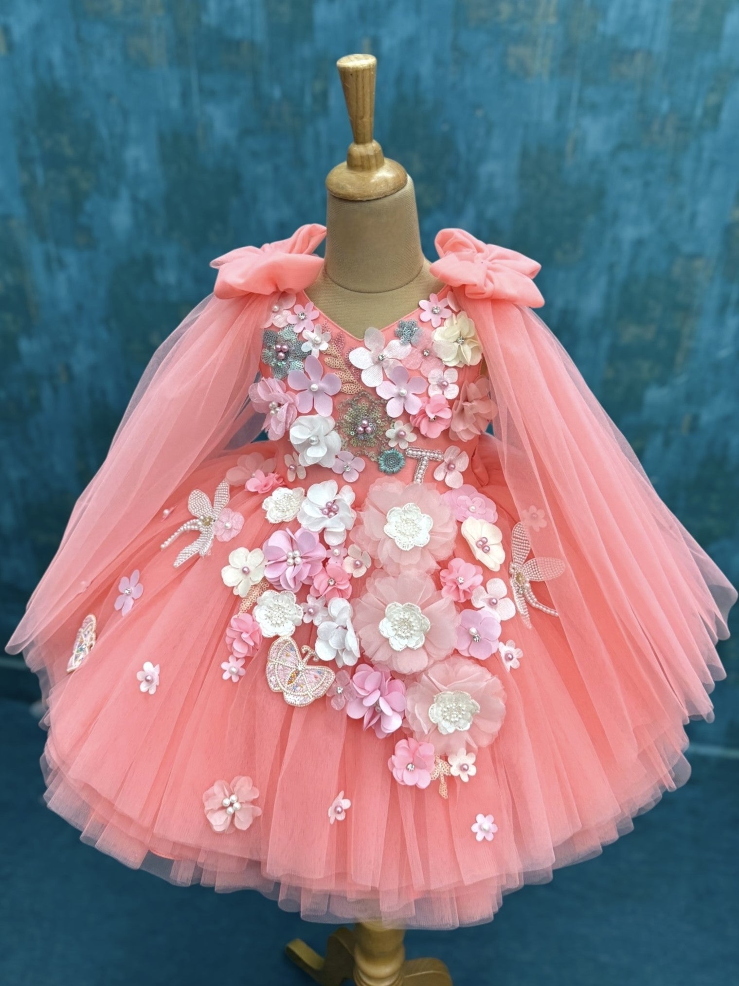 Soft Coral Petal fall Butterfly Fantasy Floral Couture Celebration Dress