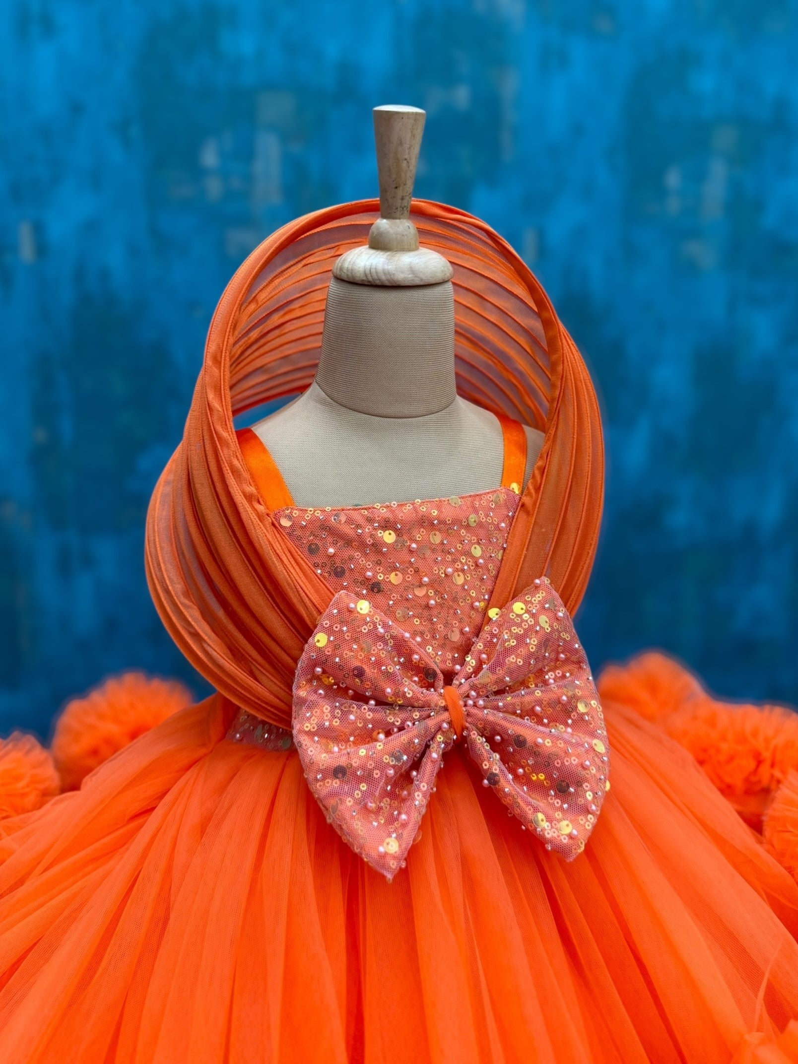 orange uneven embossing ruffle dreamy ball gown