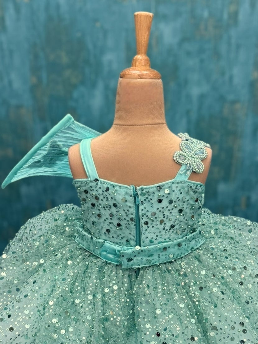 turquoise sequence layer gown with butterfly detailing